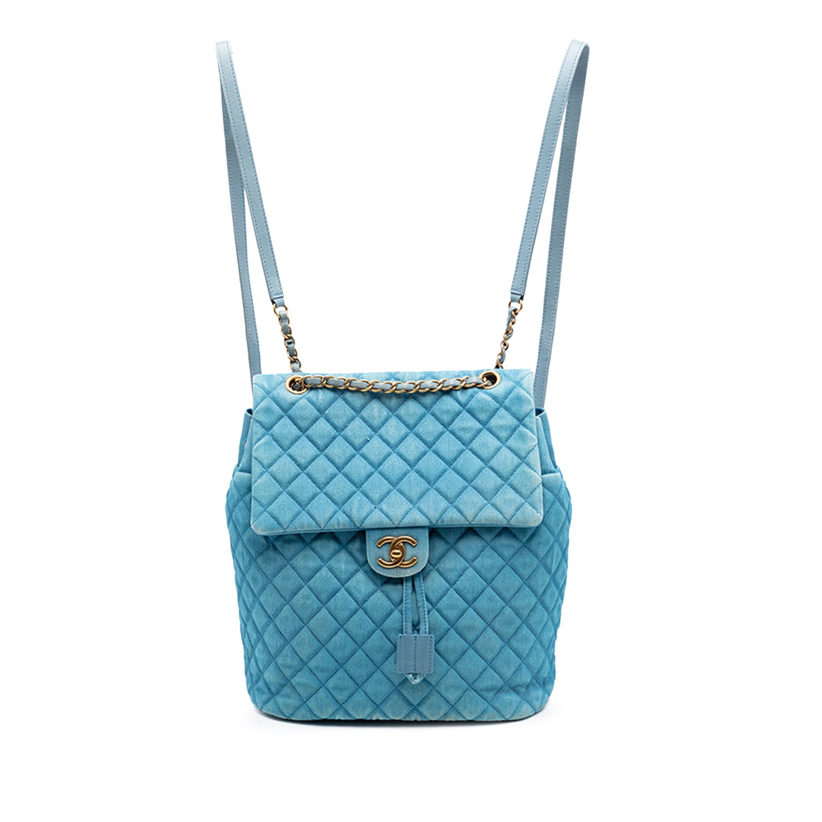 Chanel Urban Spirit denim backpack with chain handle: Chanel Urban Spirit denim backpack with chain handle This Chanel Large Denim Urban Spirit Backpack features a quilted denim body with a leather-woven chain top handle and flat leather back straps. It 