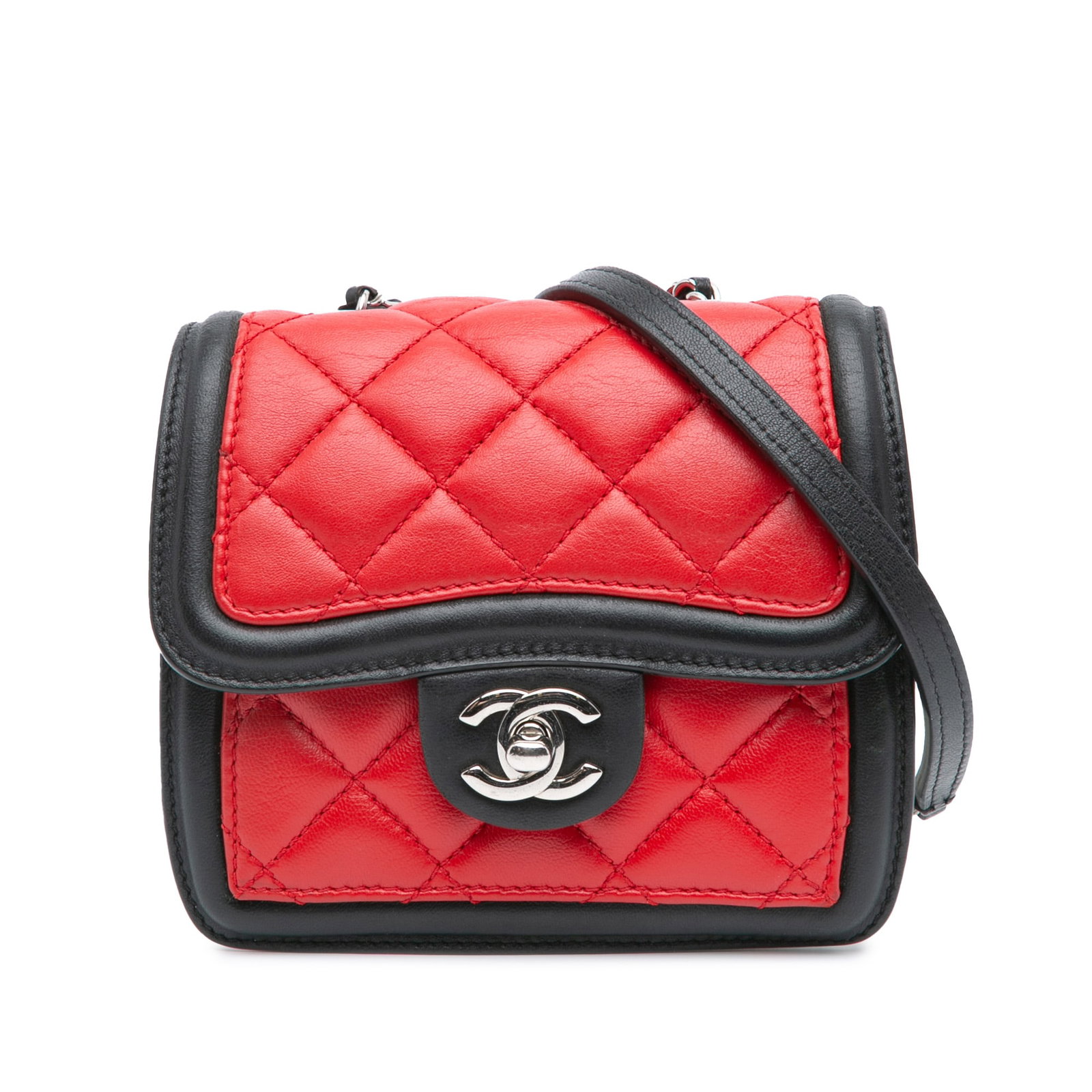 Chanel Mini Square Graphic Lambskin Leather Red Crossbody Bag: Chanel Mini Square Graphic Lambskin Leather Red Crossbody Bag This Chanel Mini Square Lambskin Graphic Flap Crossbody features a red leather exterior, a leather woven chain link strap with a leather g