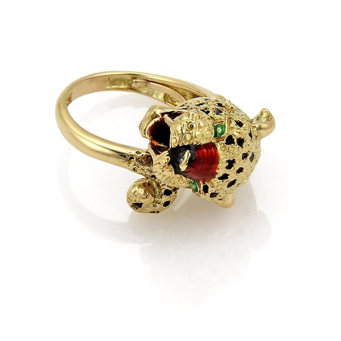 18k Yellow Gold Panther Head Tail Bypass Ring with Enamel Accents: 18k Yellow Gold Panther Head Tail Bypass Ring with Enamel Accents This stunning bypass ring features a detailed panther design, expertly crafted from solid 18k yellow gold with a textured finish. The 