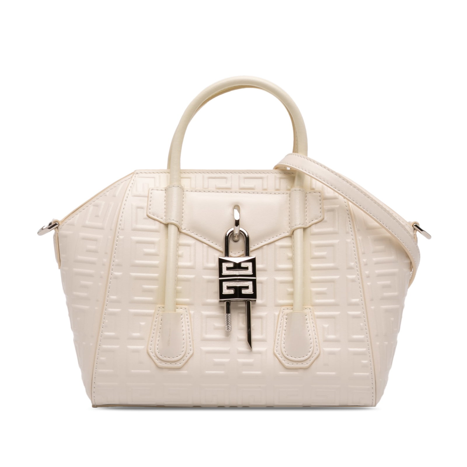 Givenchy Antigona Lock Mini Leather Satchel White: Givenchy Antigona Lock Mini Leather Satchel White This Givenchy Mini Calfskin 4G Antigona Lock Satchel is crafted in embossed leather and features rolled leather handles, an adjustable and detachable 