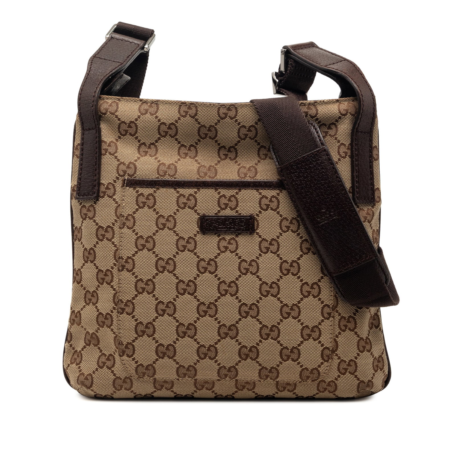 Beige GG Canvas Crossbody Bag with Leather Trim by Gucci: Beige GG Canvas Crossbody Bag with Leather Trim by Gucci This Gucci GG Canvas Crossbody bag features a beige canvas body with leather trim, a flat strap, a top zip closure, a front exterior slip pocke