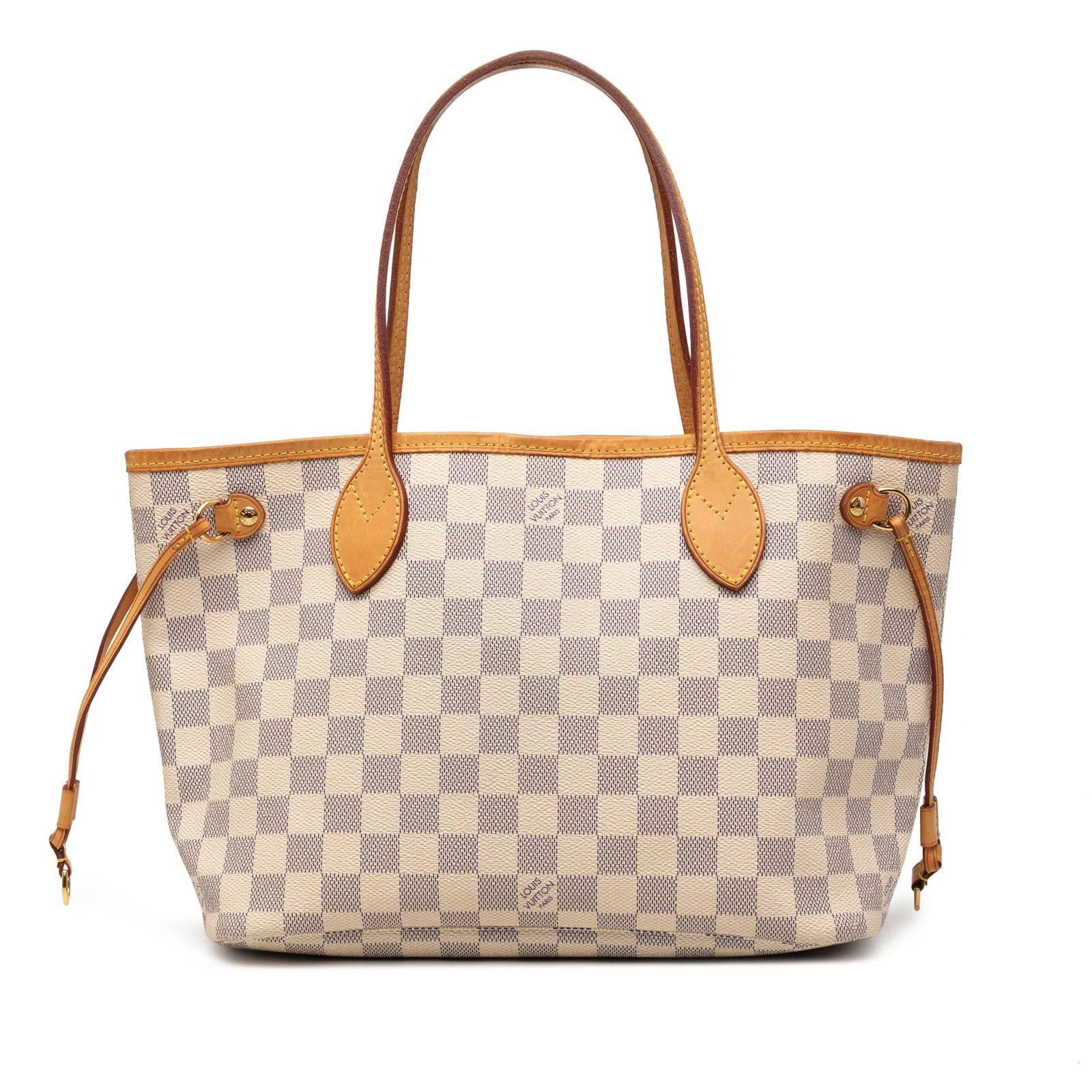 Louis Vuitton Neverfull PM Damier Azur Tote Bag: Louis Vuitton Neverfull PM Damier Azur Tote Bag Louis Vuitton Damier Azur Neverfull PM bag made in France, featuring a damier canvas body with leather trim, flat vachetta leather shoulder straps, a to