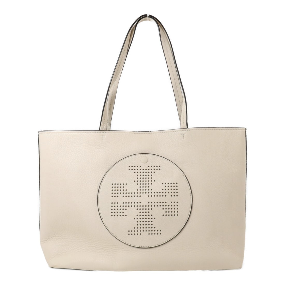 White Calfskin Tote Handbag Tory Burch Gold Tone: White Calfskin Tote Handbag Tory Burch Gold Tone A white tote bag made from calfskin (cowhide) with a structured design and GHW detail as stated in the title. It features a magnetic pocket, one outsid