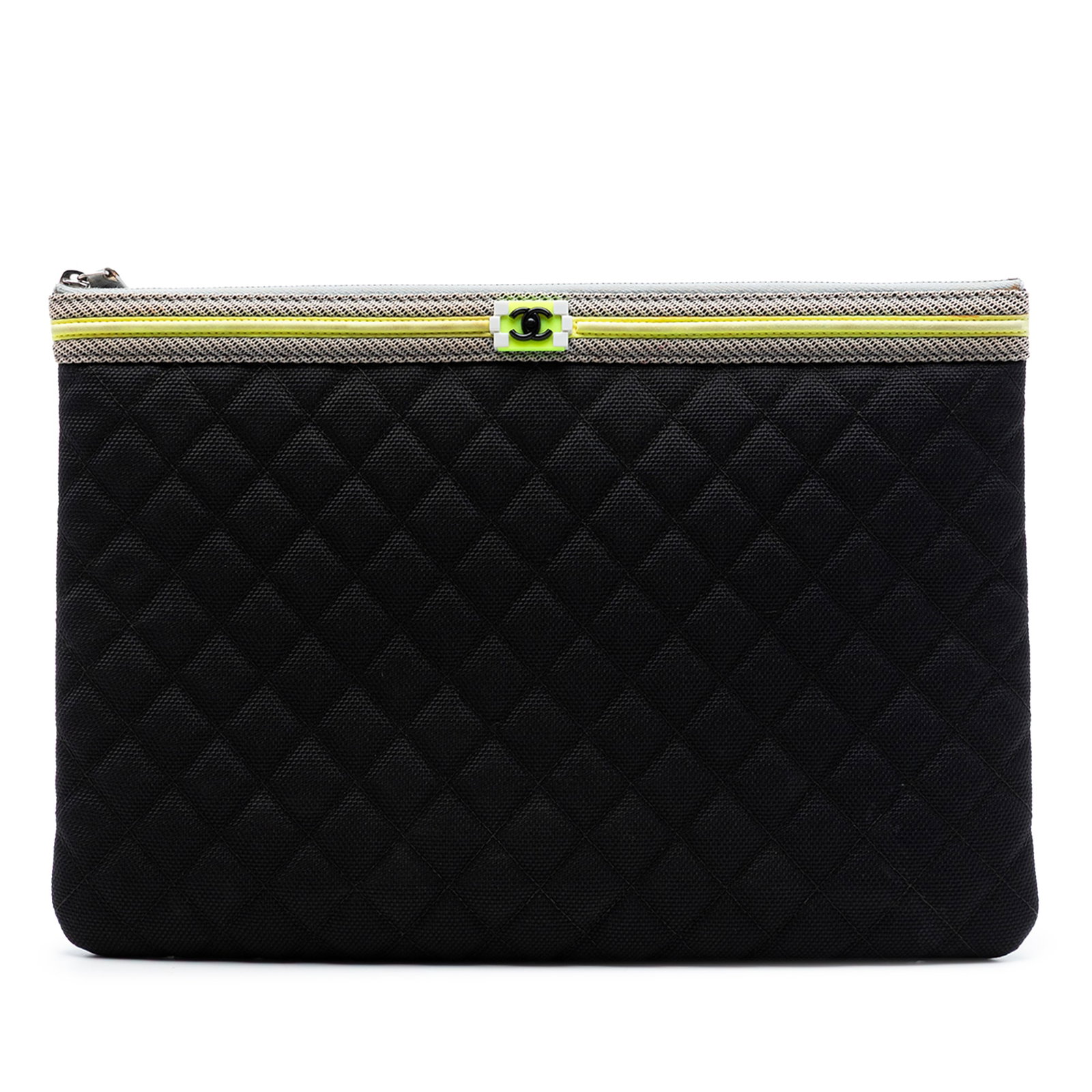 Chanel Boy O Case quilted nylon clutch: Chanel Boy O Case quilted nylon clutch This clutch bag features a quilted nylon body with a top zip closure, offering a stylish and functional design. The bag is crafted from fabric and comes in a bla