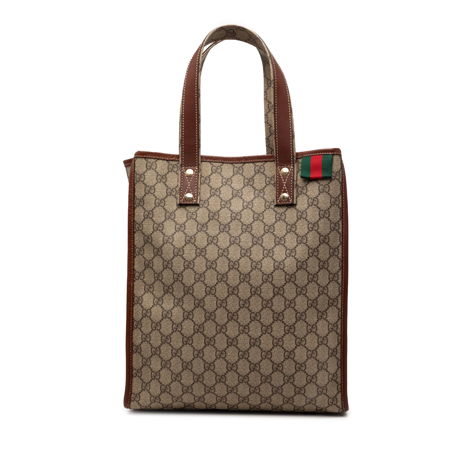 Beige GG Supreme Web Tote Bag by Gucci with Leather Trim: Beige GG Supreme Web Tote Bag by Gucci with Leather Trim This Gucci GG Supreme Web Tote features a coated canvas body with leather trim, flat leather handles, an open top, and an interior slip pocket.