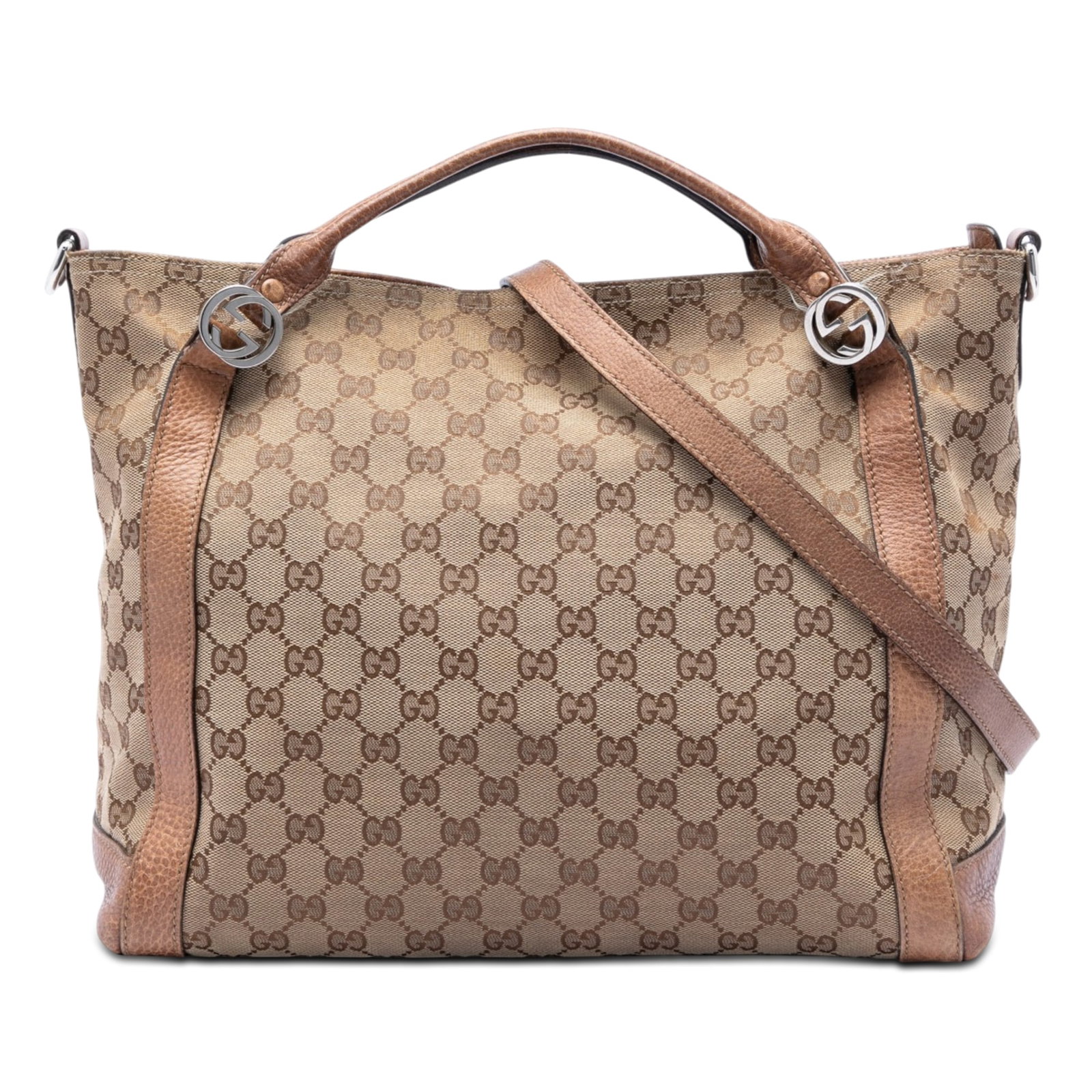 Gucci Miss GG Medium Canvas Satchel with Leather Trim: Gucci Miss GG Medium Canvas Satchel with Leather Trim Gucci Medium GG Canvas Miss GG Satchel crafted with a canvas body and leather trim. This satchel features rolled leather handles, a detachable fla