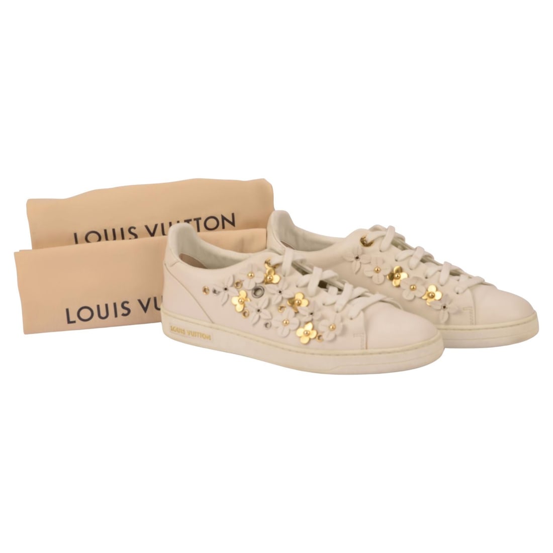 Louis Vuitton Flower Frontrow White Leather Sneaker with Box Size 39: Louis Vuitton Flower Frontrow White Leather Sneaker with Box Size 39 The Louis Vuitton Monogram Flower Frontrow Shoe is crafted from white leather and features a low profile design. It is adorned with