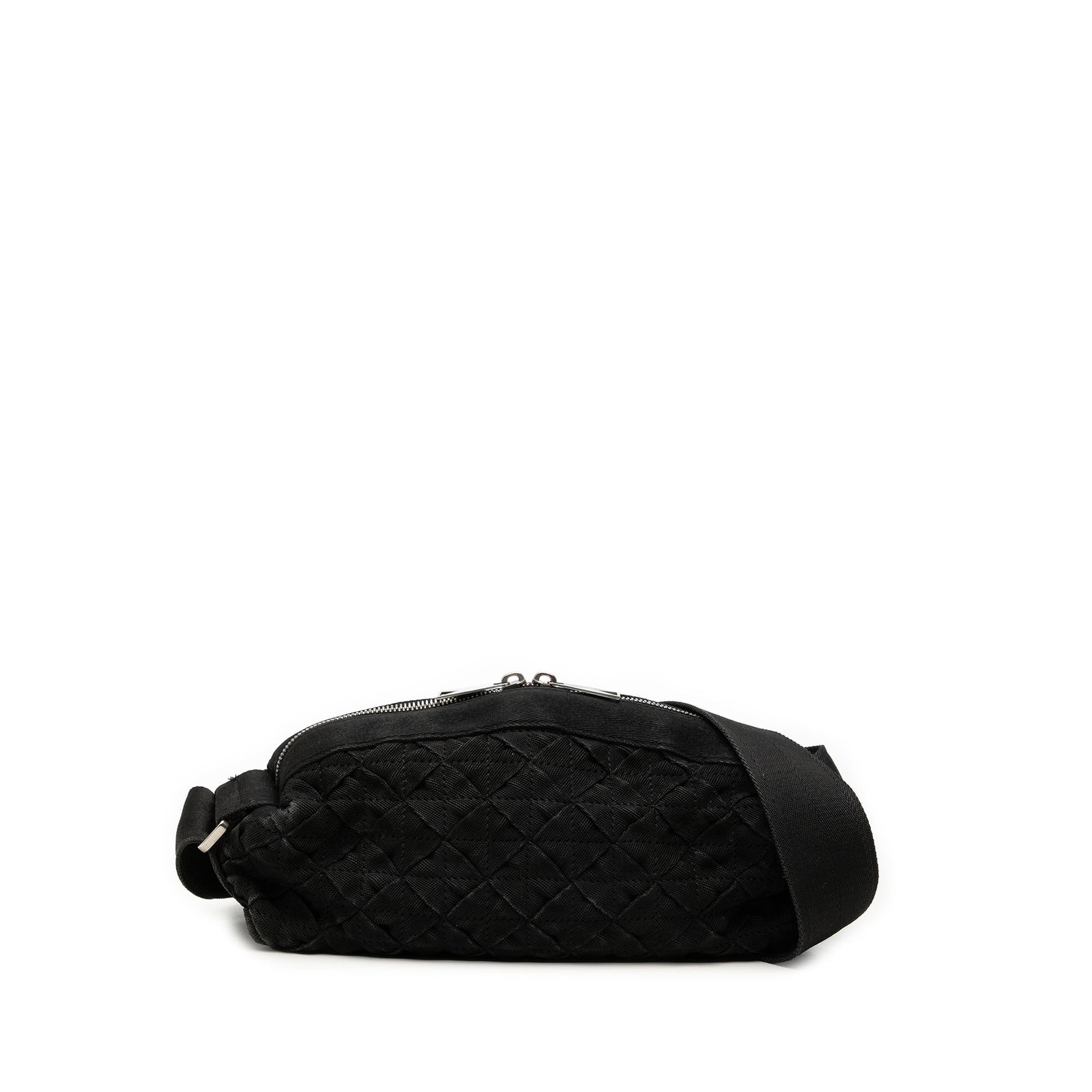 Bottega Veneta Intrecciato Belt Bag in Black Canvas: Bottega Veneta Intrecciato Belt Bag in Black Canvas This Bottega Veneta crossbody bag is crafted in woven canvas with an Intrecciato webbing design. It features an adjustable flat strap, a top zip clo