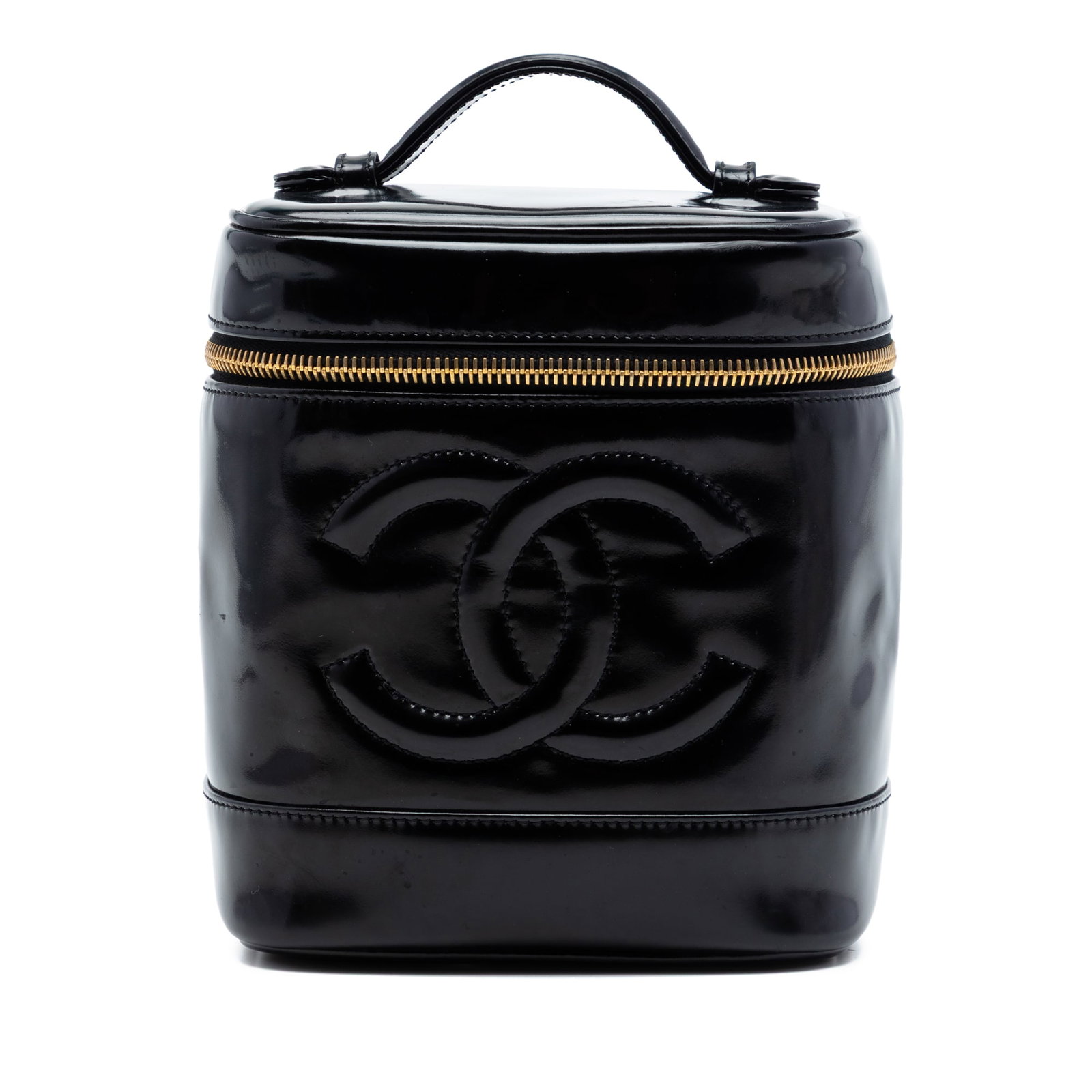 Chanel CC Patent Vanity Bag Black Patent Leather Top Handle: Chanel CC Patent Vanity Bag Black Patent Leather Top Handle Black vanity bag with a patent leather body, flat top handle, top zip closure, and an interior slip pocket. It is identified as the Chanel C