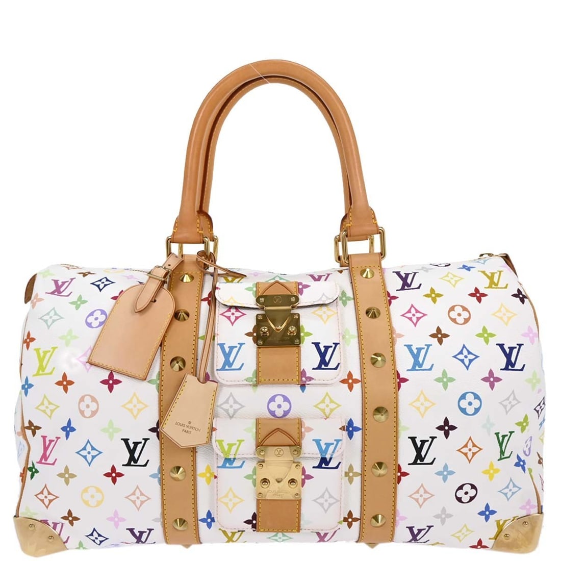 Louis Vuitton Keepall 45 White Monogram Multicolor Travel Bag M92641: Louis Vuitton Keepall 45 White Monogram Multicolor Travel Bag M92641 Louis Vuitton Keepall 45 handbag in white Monogram Multicolor canvas with leather trim and double handles. This medium handbag feat