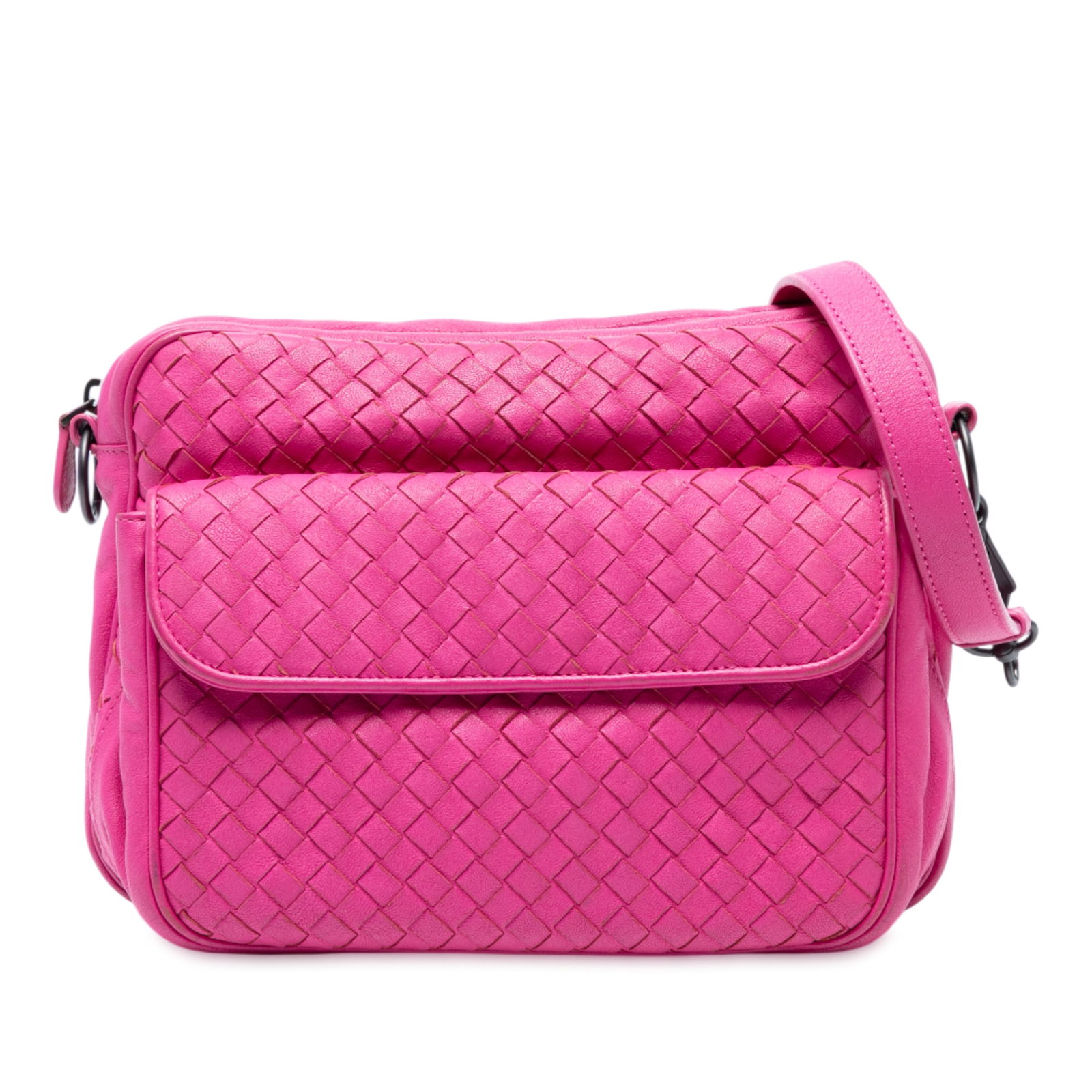 Bottega Veneta Pink Nappa Intrecciato Messenger Bag with Front Pocket: Bottega Veneta Pink Nappa Intrecciato Messenger Bag with Front Pocket Discover the exquisite Bottega Veneta Nappa Intrecciato Front Pocket Messenger Bag, a beautifully crafted crossbody bag made from 