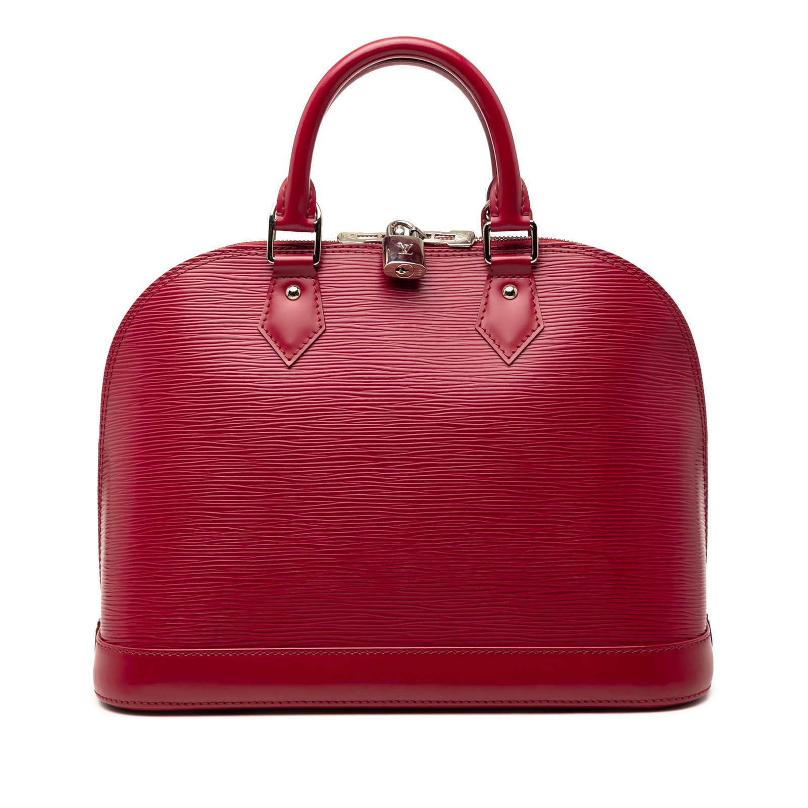 Louis Vuitton Epi Alma PM Red Leather Handbag: Louis Vuitton Epi Alma PM Red Leather Handbag This Louis Vuitton Epi Alma PM handbag features a signature epi leather body in red, complemented by rolled handles and a top zip closure. The interior in