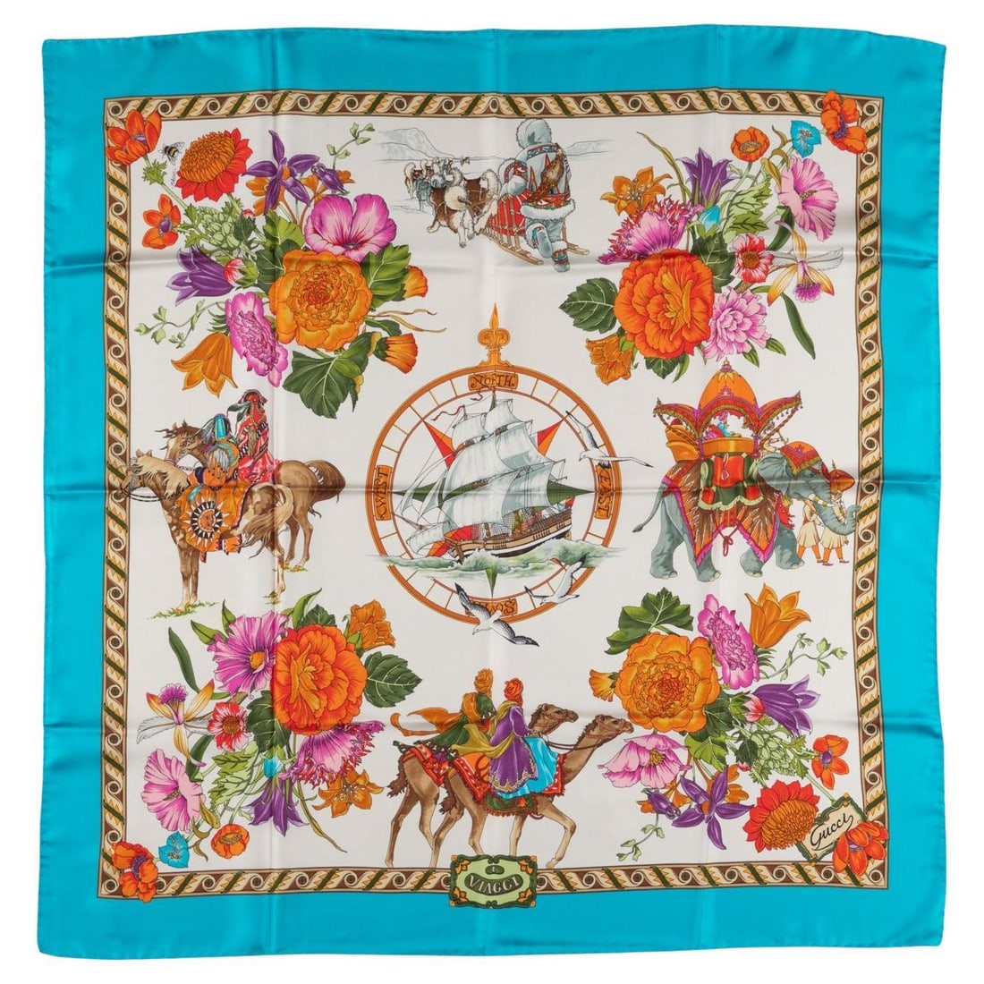 Gucci North South West East 32 in Silk Scarf: Gucci North South West East 32 in Silk Scarf Gucci "North, South, West, East" scarf in turquoise, crafted from 100% silk with hand-rolled edges. A 21st century piece made in Italy, presented in excell