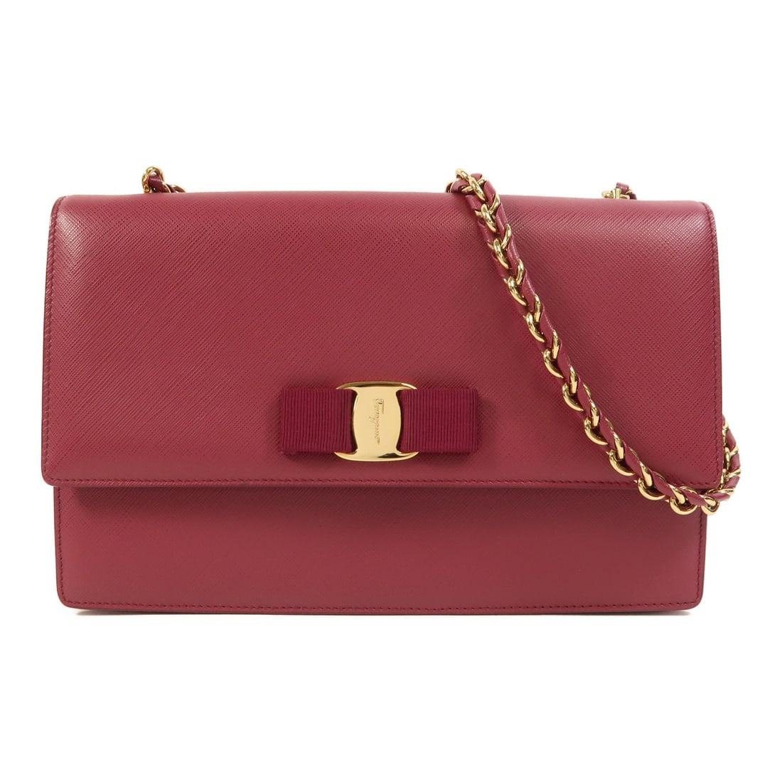 Salvatore Ferragamo 21 E490 11 Pink Saffiano Calfskin Chain Shoulder Bag: Salvatore Ferragamo 21 E490 11 Pink Saffiano Calfskin Chain Shoulder Bag This Salvatore Ferragamo shoulder bag is crafted in calfskin (cowhide) with a pink exterior and pink frame color. It features a