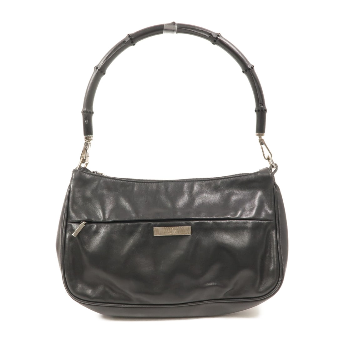 Gucci 001.3865 GG Bamboo Handbag Black Calfskin Leather: Gucci 001.3865 GG Bamboo Handbag Black Calfskin Leather A Gucci bamboo handbag in black calfskin leather with silver-tone hardware. It is a women's regular-size handbag made in Italy and identified by