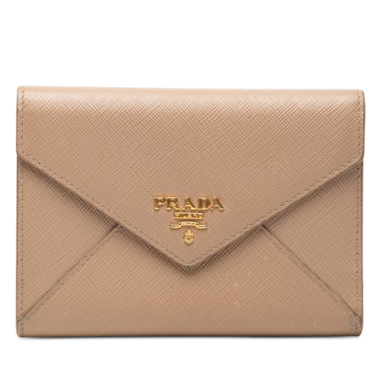 Beige Saffiano Leather Trifold Wallet by Prada with Envelope Flap: Beige Saffiano Leather Trifold Wallet by Prada with Envelope Flap This Prada Saffiano Trifold Envelope Wallet is crafted from beige saffiano leather and features a front flap with a snap button closur