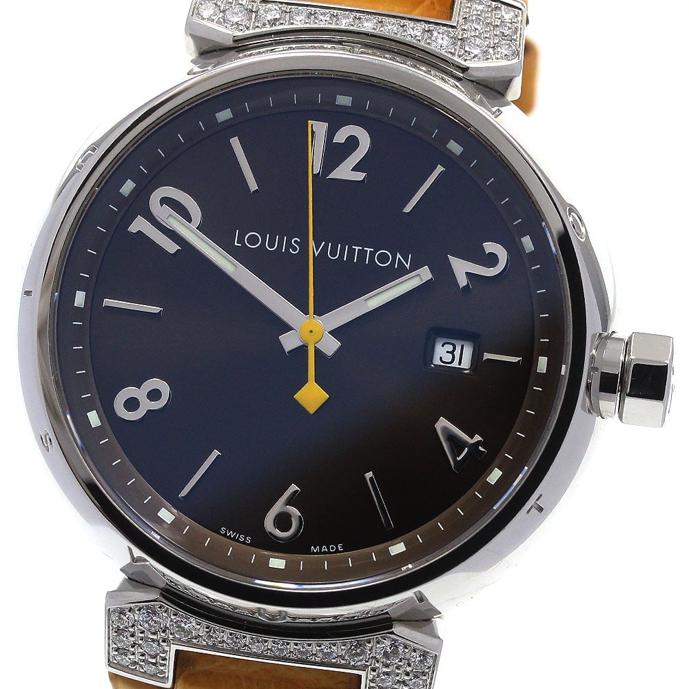 Louis Vuitton Tambour Q111G mens quartz wristwatch with date diamond lugs (1 of 6)