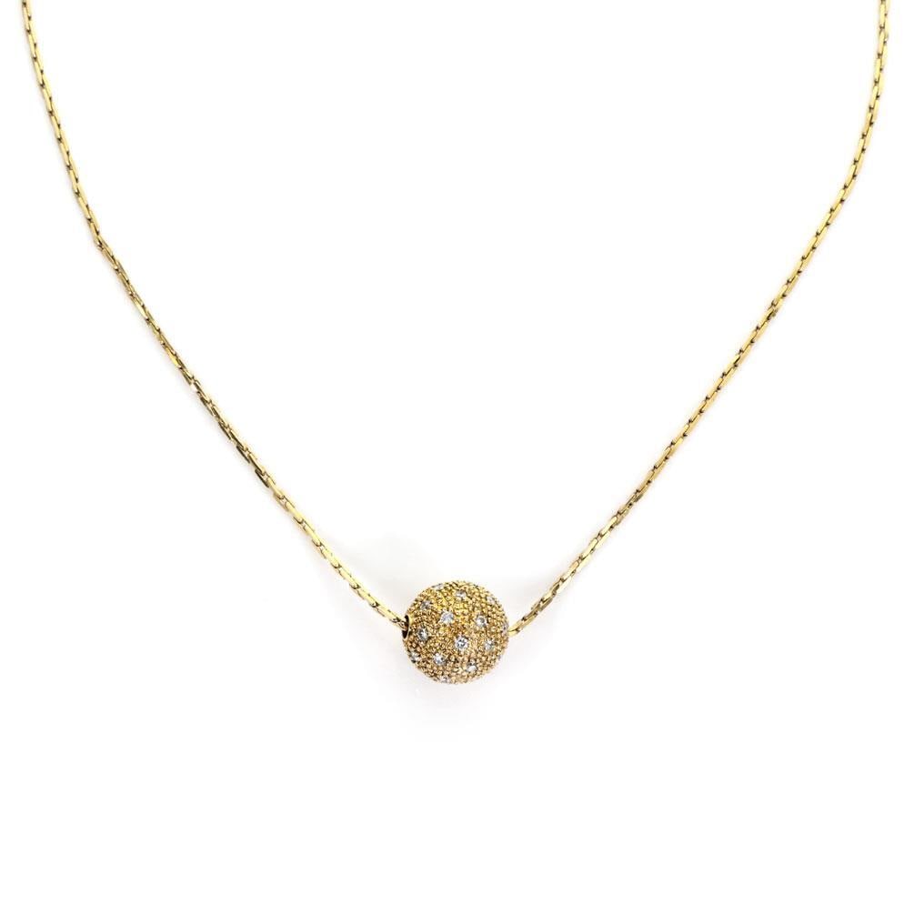 18k Yellow Gold Diamond Slide Ball Pendant 12mm with 14k Gold Chain: 18k Yellow Gold Diamond Slide Ball Pendant 12mm with 14k Gold Chain This exquisite slide ball pendant showcases a stunning 12mm round design crafted from 18k yellow gold, adorned with a fine bead patt