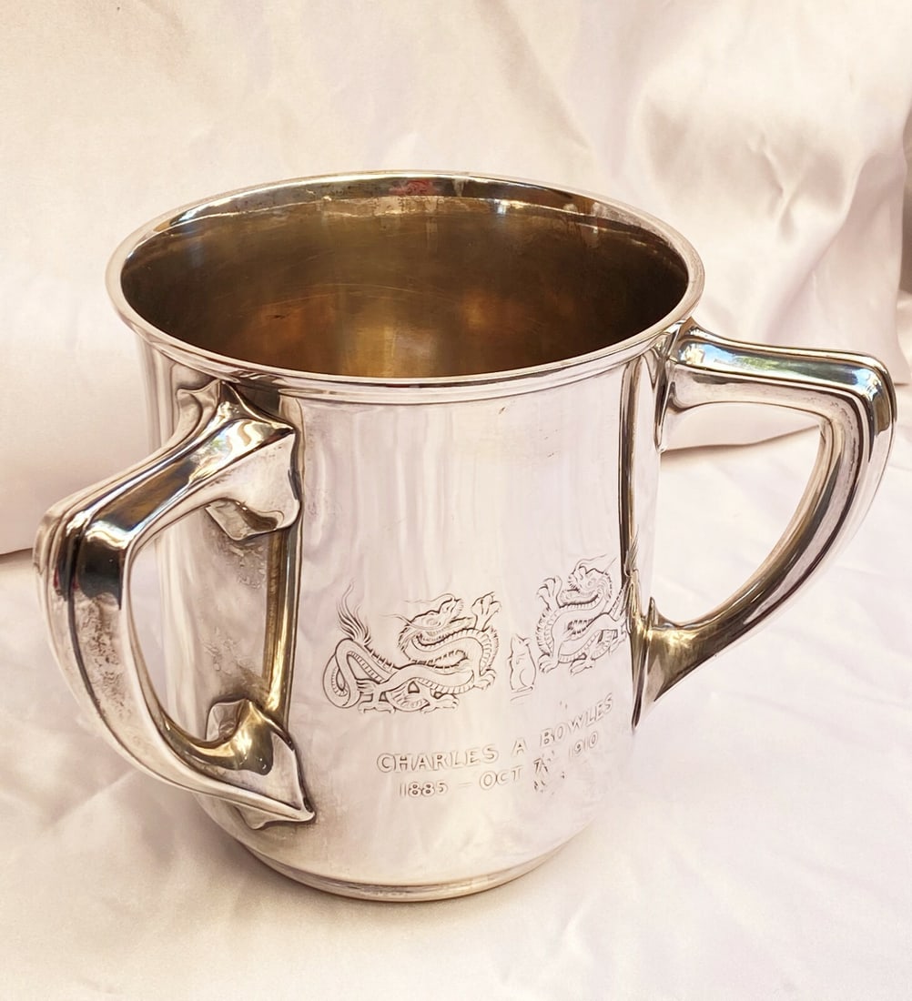 1910 Gorham Sterling Silver Tyg with Acid-Etched Design: 1910 Gorham Sterling Silver Tyg with Acid-Etched Design This exquisite 1910 Gorham acid-etched sterling silver tyg features a unique design with three handles and intricate detailing. The tyg showcase