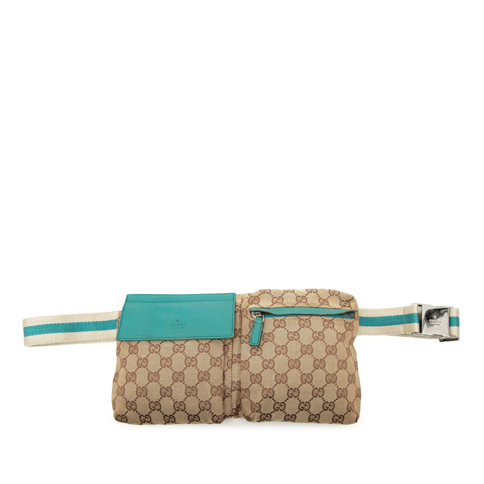 Gucci GG Canvas Web Belt Bag with Double Front Pockets: Gucci GG Canvas Web Belt Bag with Double Front Pockets Gucci GG Canvas Web Double Pocket Belt Bag in beige fabric/canvas, made in Italy. It features an adjustable flat waist strap, exterior front flap
