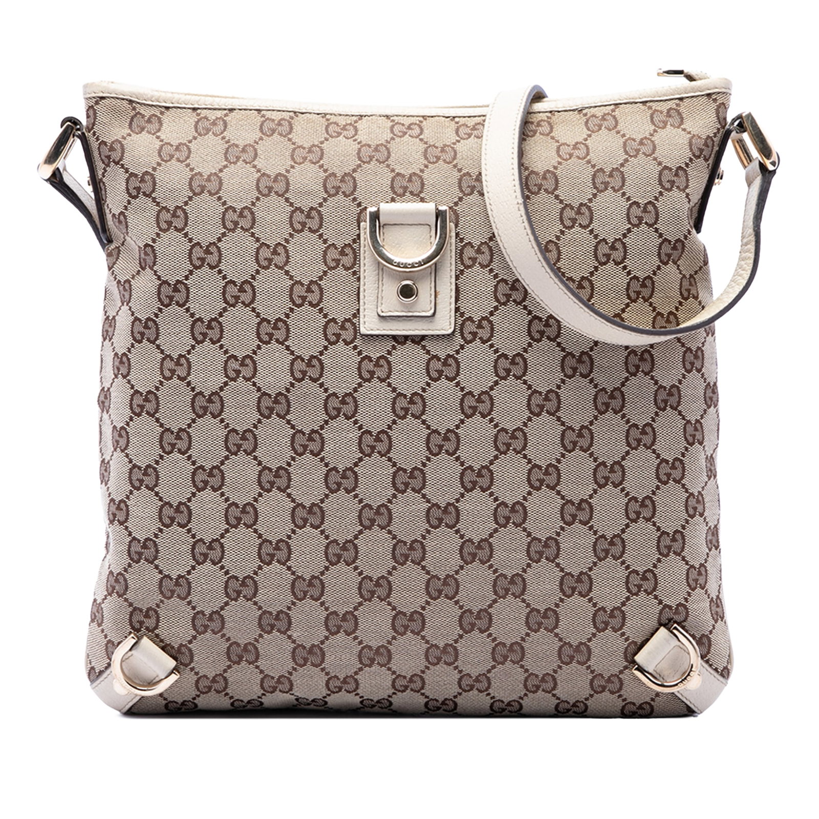 Gucci Abbey D Ring Crossbody Bag in Beige GG Canvas: Gucci Abbey D Ring Crossbody Bag in Beige GG Canvas Gucci Abbey D Ring Crossbody bag in beige GG canvas with leather trim. It features an adjustable flat leather strap, top zip closure, and interior z