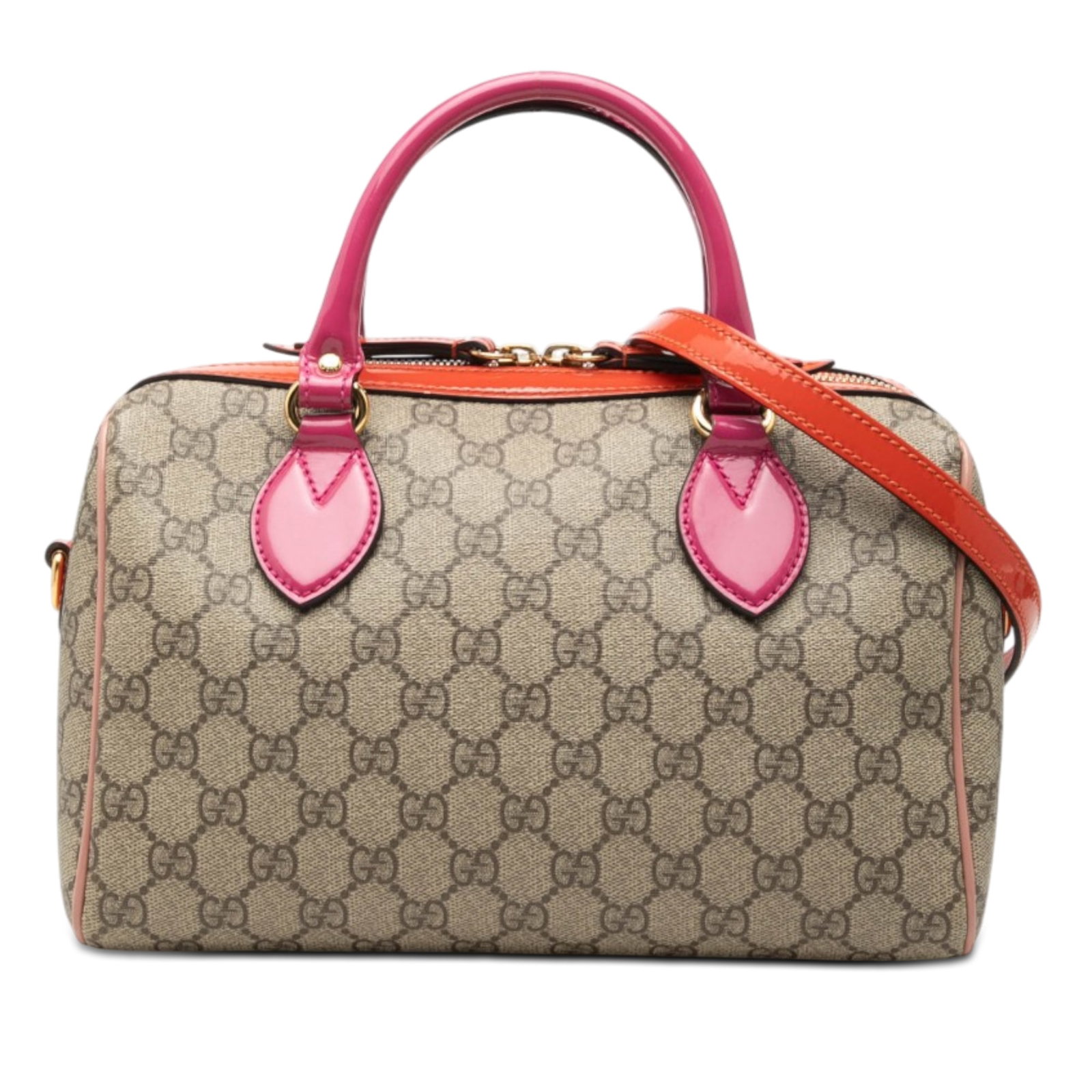 Gucci Small Boston Satchel in GG Supreme Limited Edition: Gucci Small Boston Satchel in GG Supreme Limited Edition A limited edition small Boston bag by Gucci, crafted with a coated canvas body and leather trim. It features rolled leather handles, a detachab
