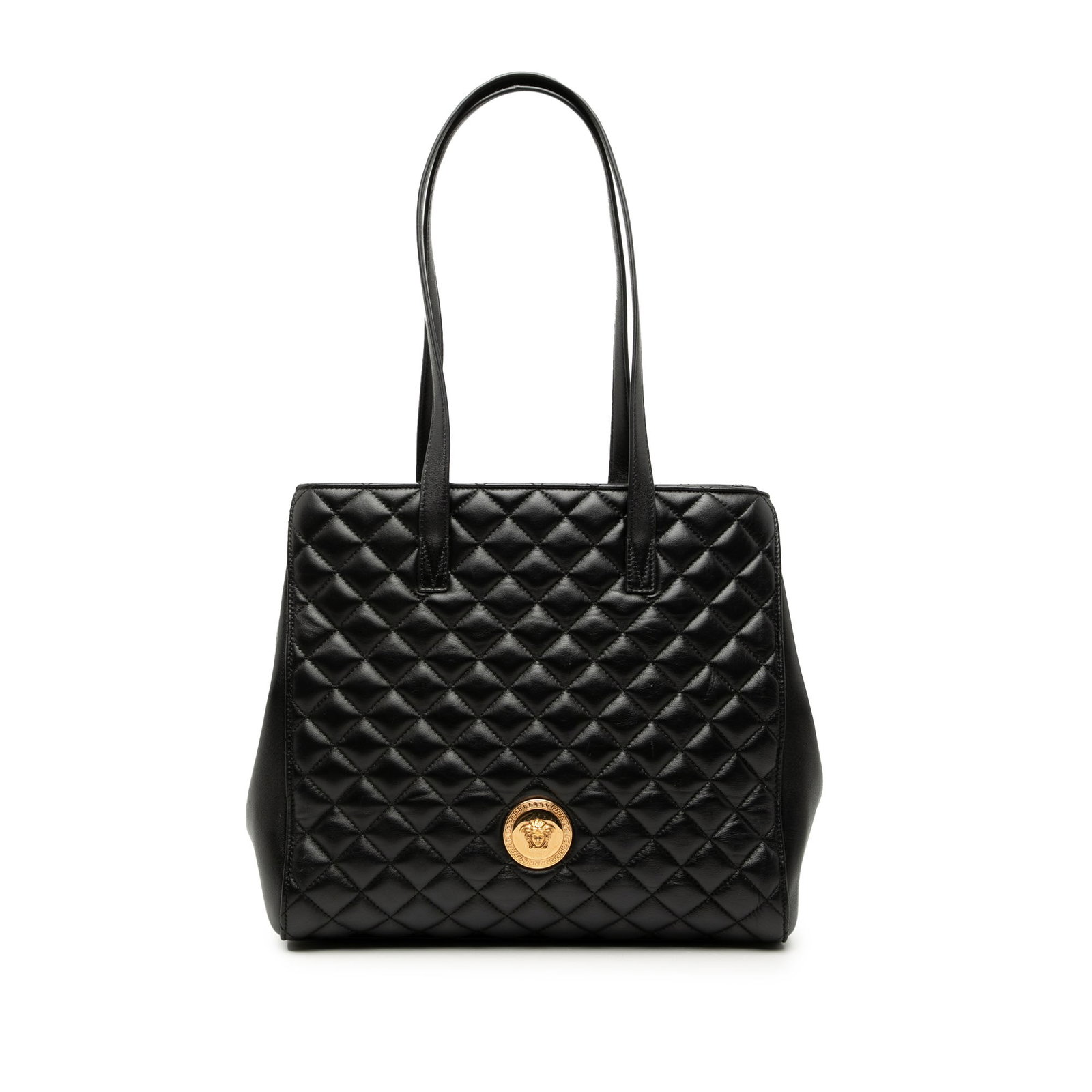 Versace La Medusa Black Quilted Nappa Leather Medium Tote Bag: Versace La Medusa Black Quilted Nappa Leather Medium Tote Bag This Versace Medium Quilted Nappa Leather La Medusa Tote features a black quilted nappa leather exterior, flat leather shoulder straps, an