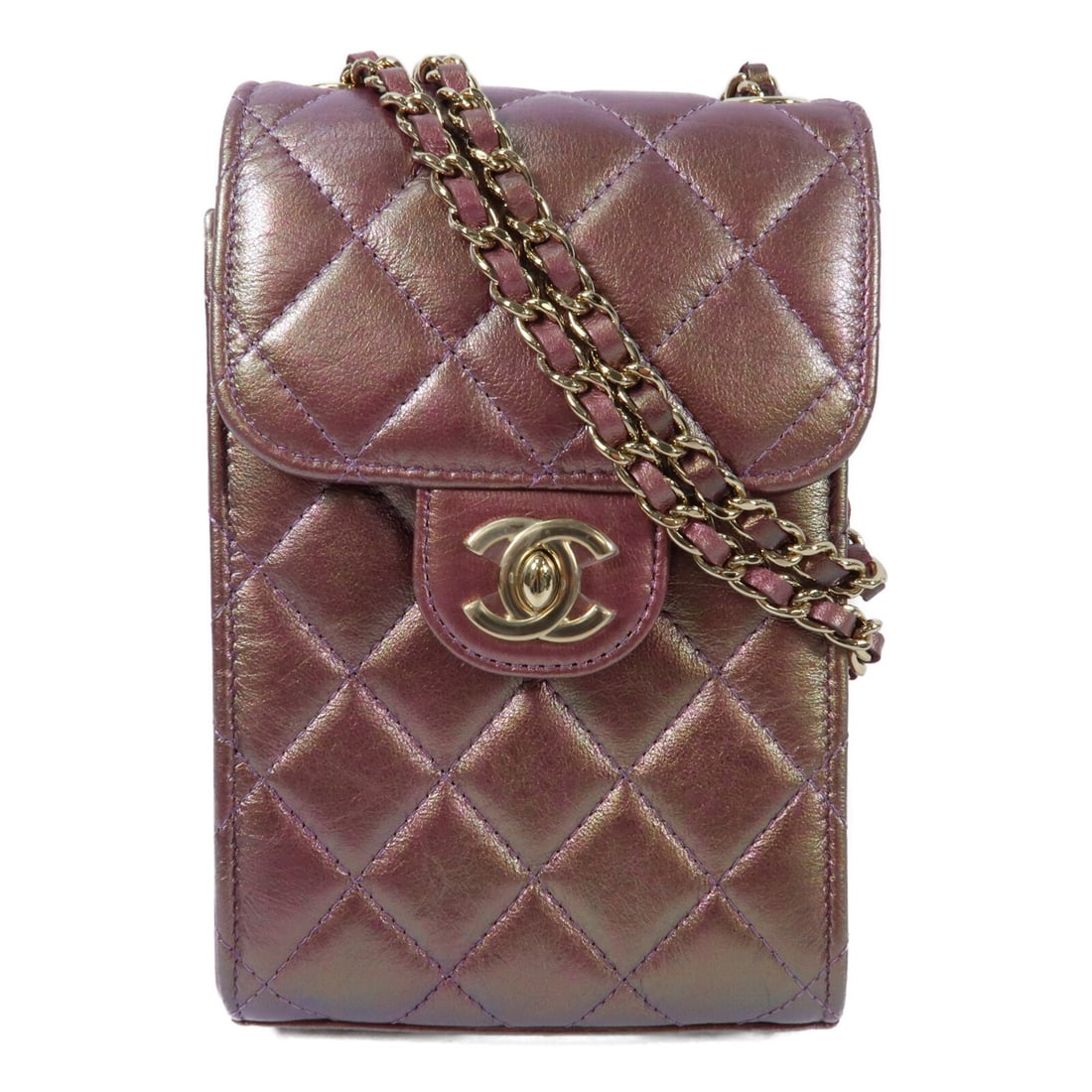 Chanel AP0249 CC Phone Chain Shoulder Bag Metallic Purple Lambskin: Chanel AP0249 CC Phone Chain Shoulder Bag Metallic Purple Lambskin CHANEL CC GHW Phone Chain Shoulder Bag, model AP0249, crafted in lambskin (sheep leather) with a metallic purple finish. It features 