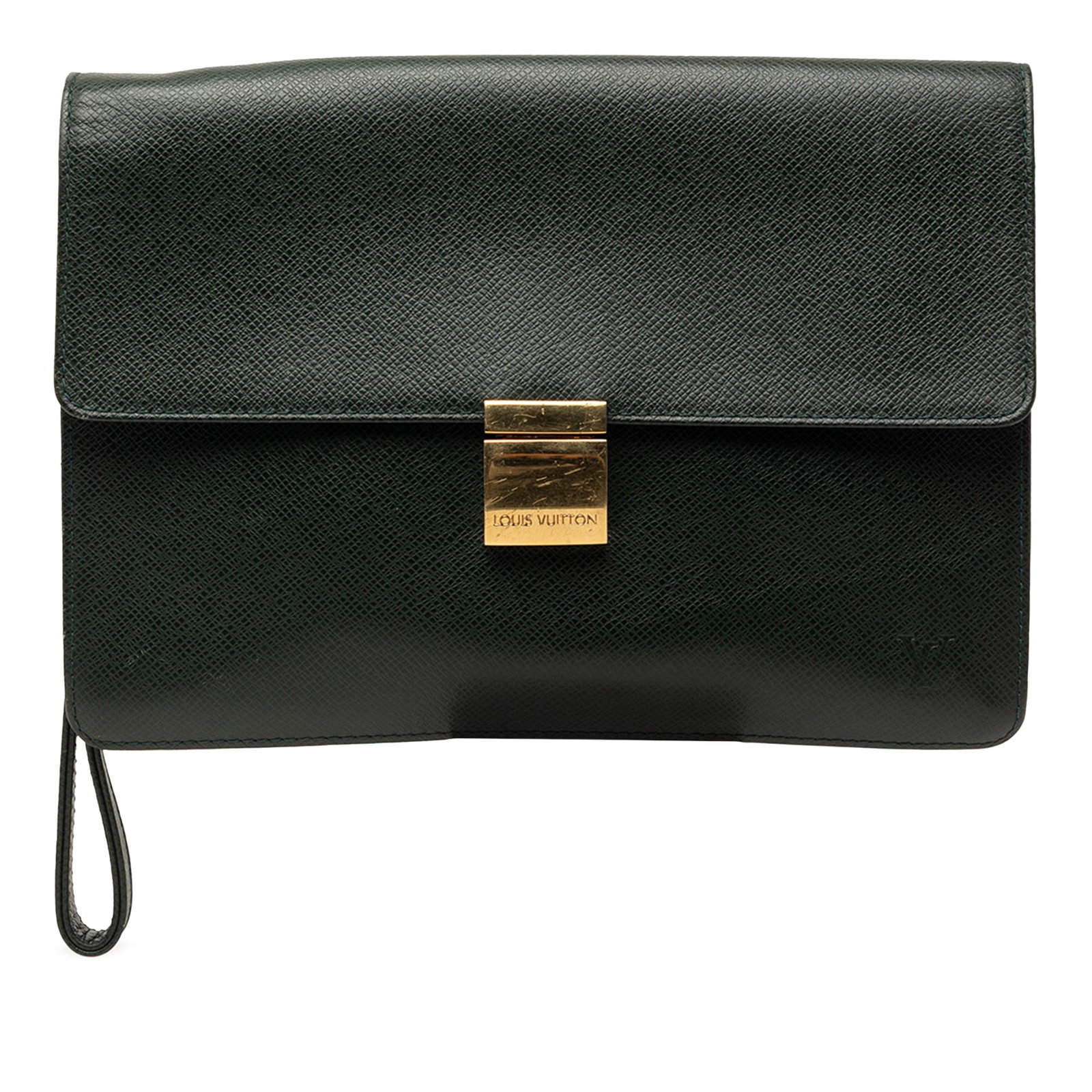 Louis Vuitton Taiga Selenga Leather Wristlet Clutch Bag: Louis Vuitton Taiga Selenga Leather Wristlet Clutch Bag Louis Vuitton Taiga Selenga clutch bag in green taiga leather with a flat leather wrist strap and a flap closure with push lock. The interior in