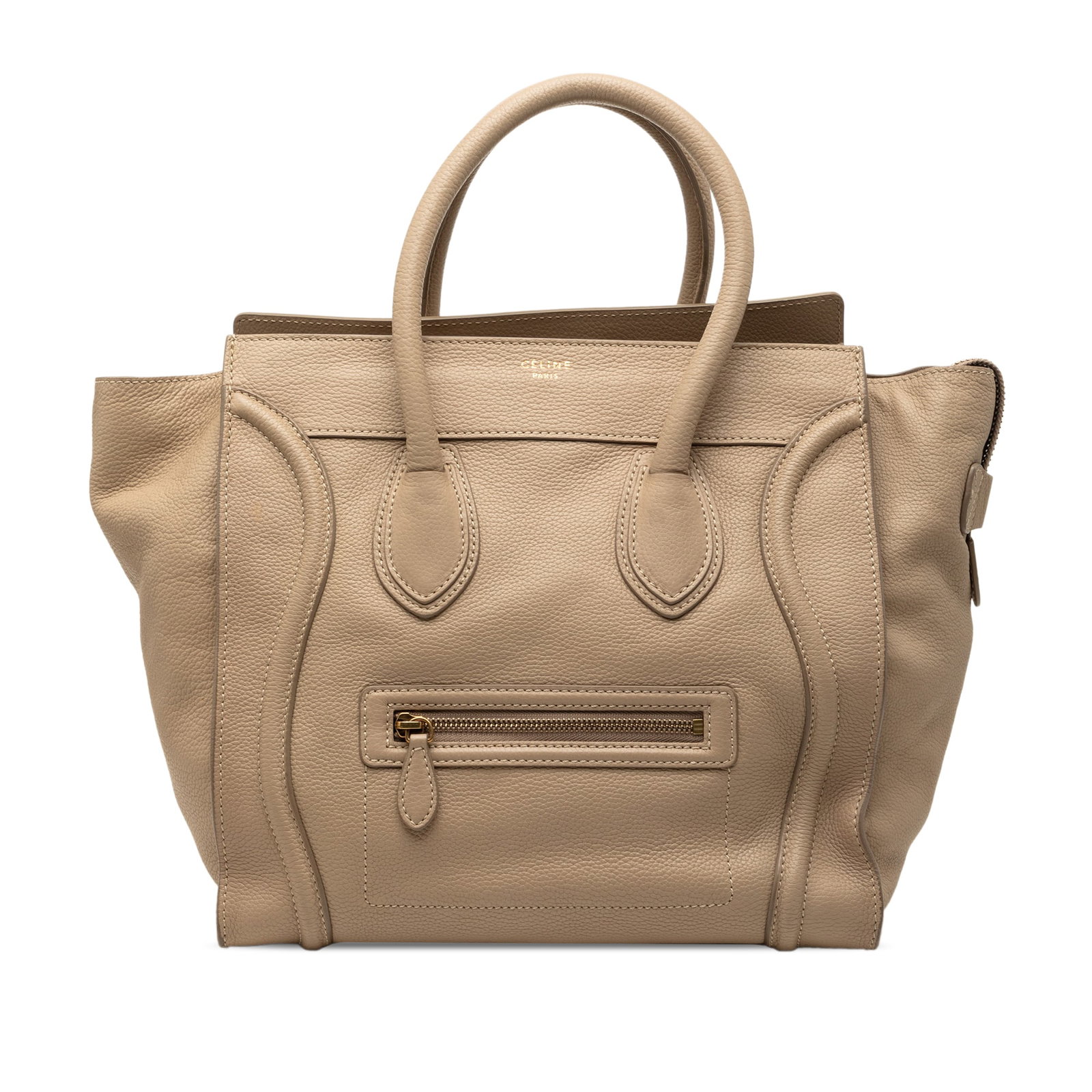 Celine Luggage Tote Mini Grained Calfskin Leather Brown: Celine Luggage Tote Mini Grained Calfskin Leather Brown The Celine Mini Grained Calfskin Luggage Tote is crafted in brown leather and features rolled leather handles, a top zip closure, and a front ex