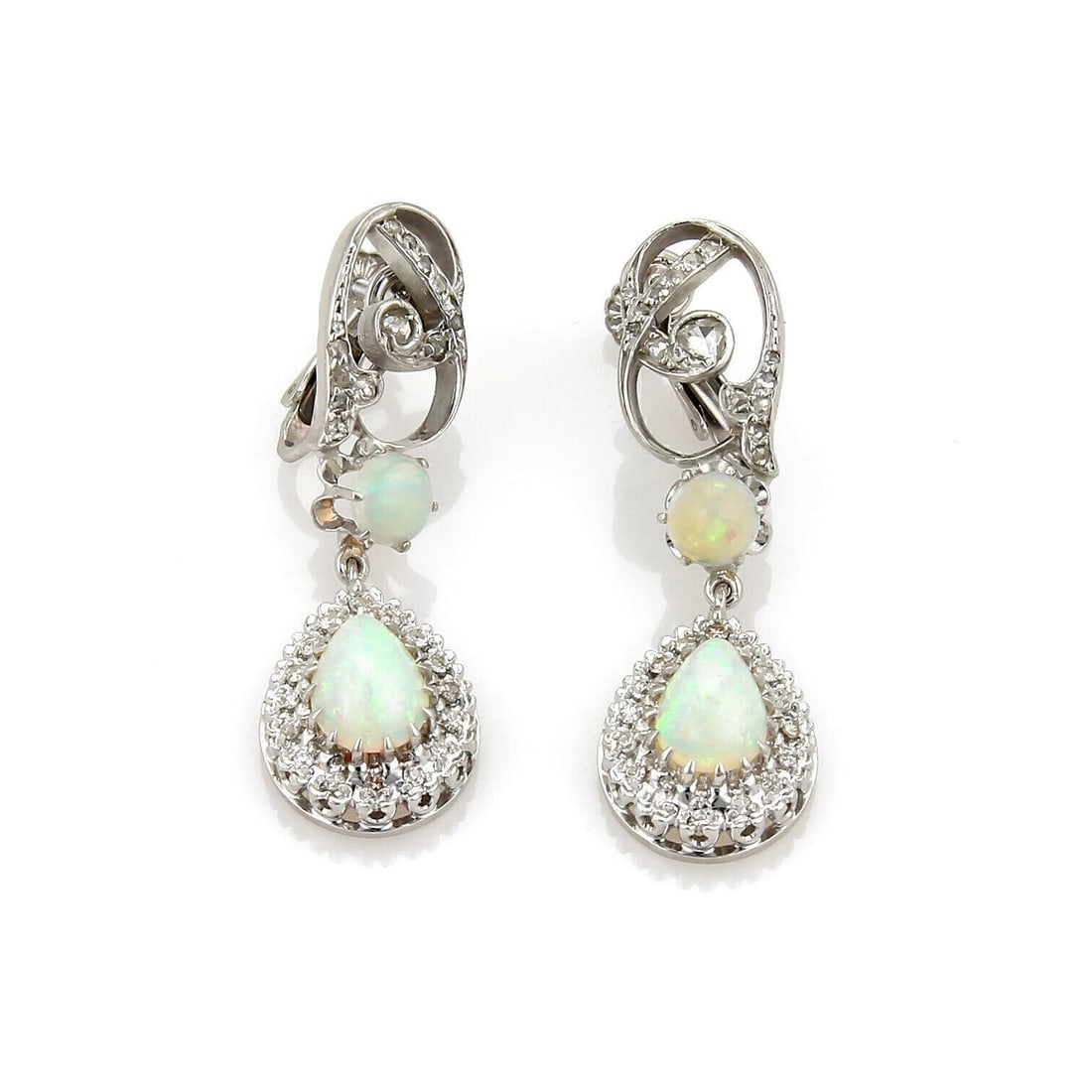 14k White Gold Clip On Drop Earrings with Fire Opal and Diamonds: 14k White Gold Clip On Drop Earrings with Fire Opal and Diamonds Vintage/estate unbranded clip-on drop earrings crafted in 14k white gold, featuring articulated drops with fire opal centers and diamon