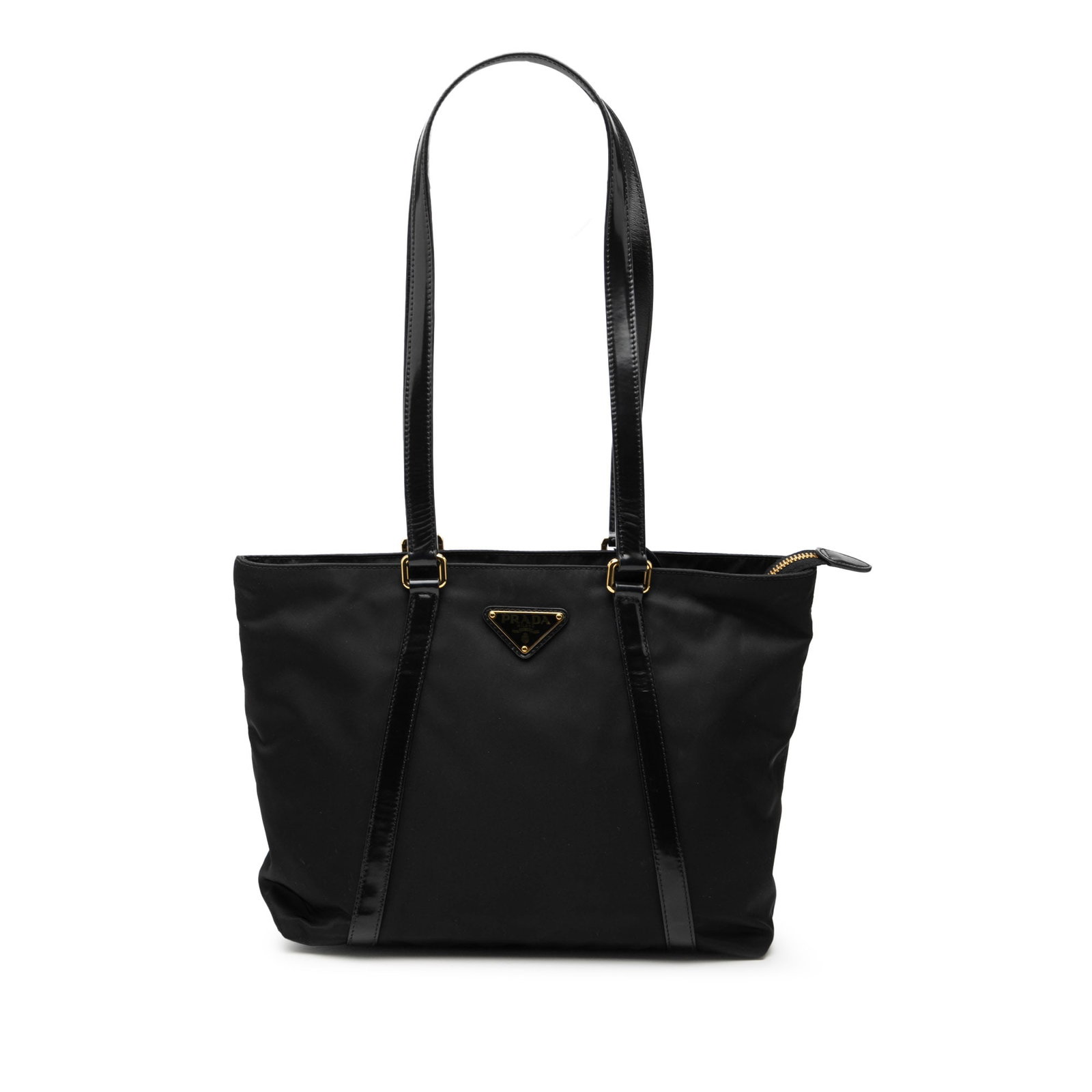 Black Prada Tessuto Nylon Tote Bag with Leather Trim and Top Zip: Black Prada Tessuto Nylon Tote Bag with Leather Trim and Top Zip This Prada Tessuto Tote features a black nylon body with leather trim, flat leather shoulder straps, a top zip closure, and both interi