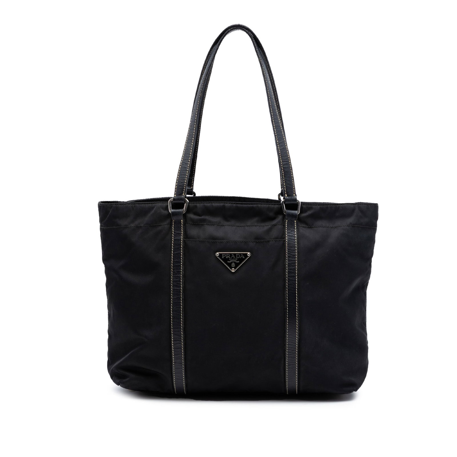 Prada black nylon tote with saffiano leather trim: Prada black nylon tote with saffiano leather trim This Prada Saffiano Trimmed Tessuto Tote features a durable nylon body complemented by saffiano leather trim and flat leather straps. The tote is desi