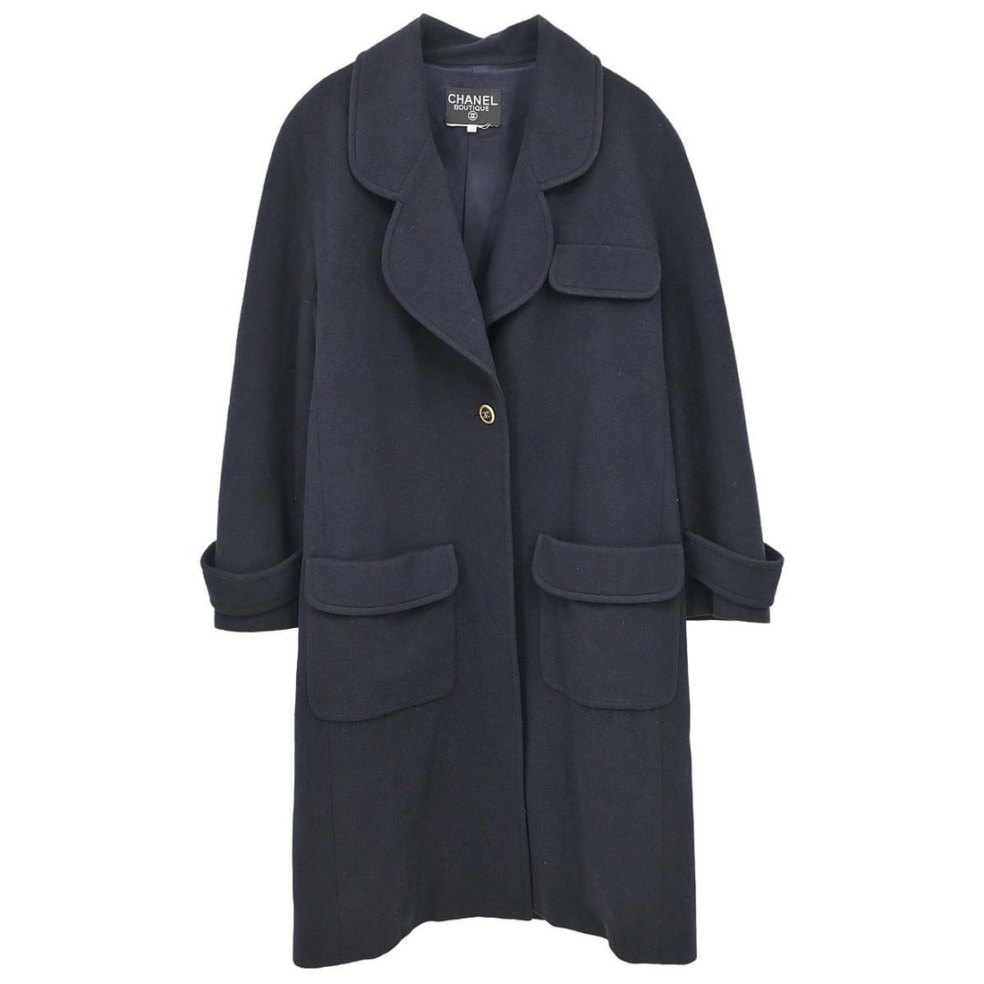 Chanel Cashmere Overcoat Womens Size 40 Navy Vintage: Chanel Cashmere Overcoat Womens Size 40 Navy Vintage Vintage Chanel long overcoat in navy cashmere with a regular fit and logo accent. This women's coat features long sleeves, three exterior pockets, 