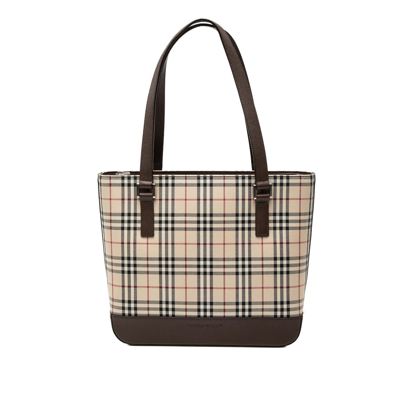 Burberry House Check Beige Canvas Shoulder Tote with Leather Trim: Burberry House Check Beige Canvas Shoulder Tote with Leather Trim This Burberry House Check Canvas Tote features a canvas body with leather trim, flat leather shoulder straps, a top zip closure, and i