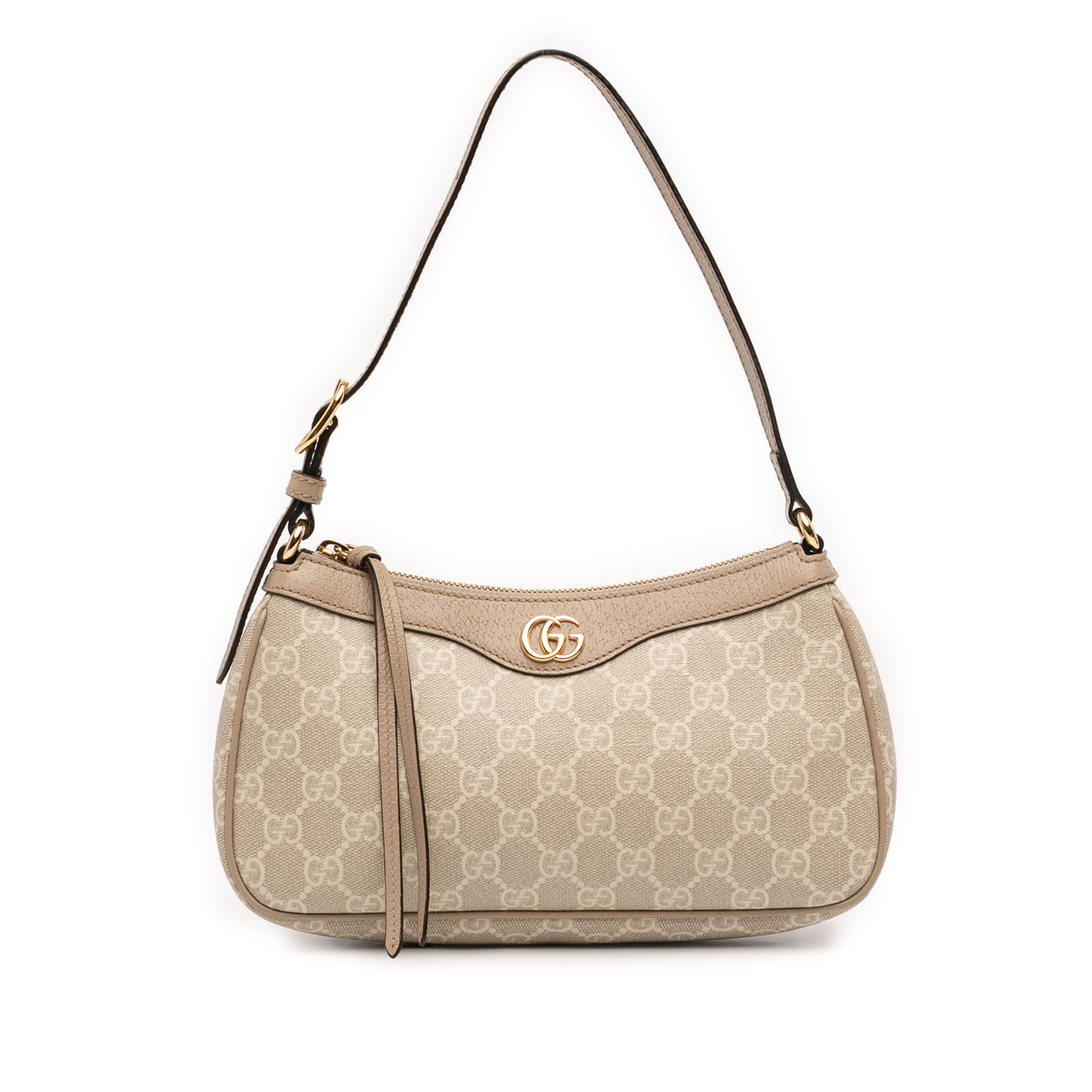 Gucci Ophidia Small GG Supreme Shoulder Bag Beige: Gucci Ophidia Small GG Supreme Shoulder Bag Beige A Gucci Small GG Supreme Ophidia shoulder bag in beige, made with a coated canvas body, leather trim, and a flat leather strap. It features a top zip 