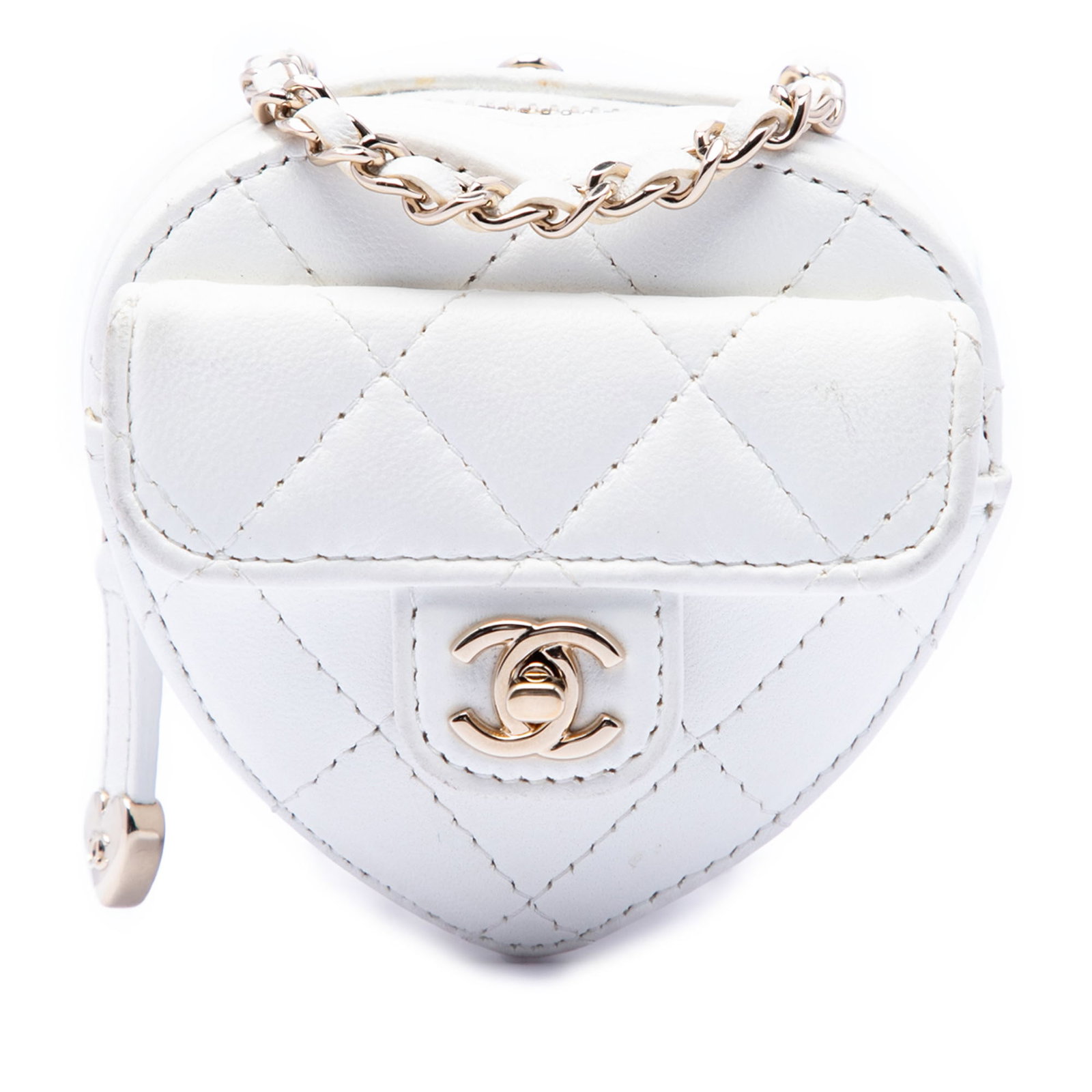 Chanel quilted lambskin crossbody heart necklace bag: Chanel quilted lambskin crossbody heart necklace bag This Chanel Mini Quilted Lambskin CC in Love Heart Necklace Bag is crafted from luxurious quilted lambskin leather in white. The bag features a lea