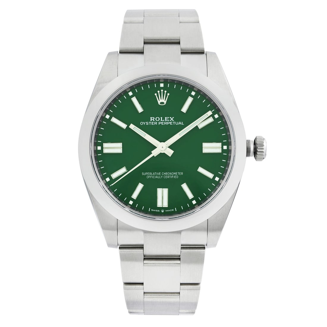 Rolex Oyster Perpetual 41mm Green Dial Automatic Steel Watch 124300: Rolex Oyster Perpetual 41mm Green Dial Automatic Steel Watch 124300 This Rolex Oyster Perpetual 41mm men's watch features a green dial set in a polished stainless steel case with a matching Oyster bra
