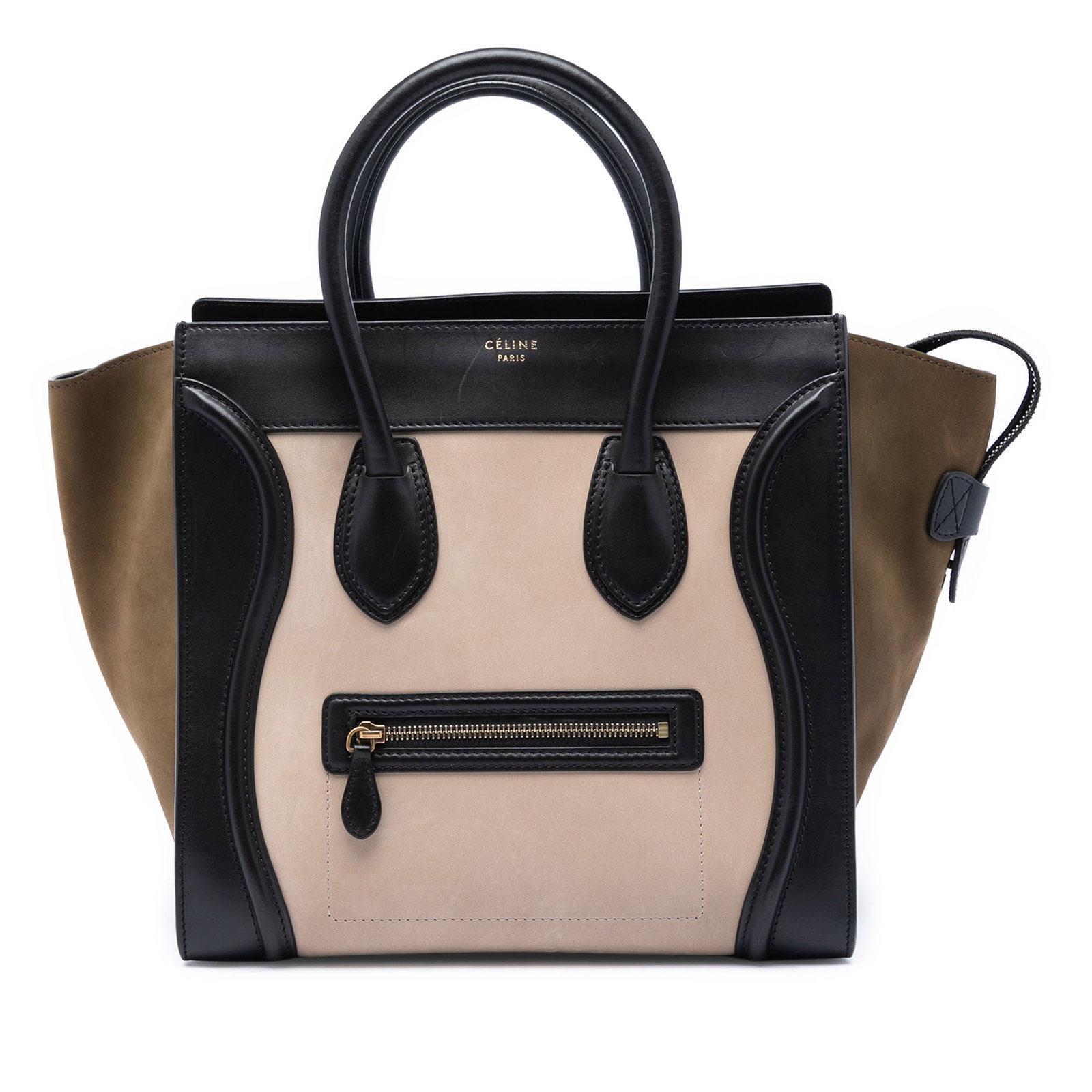 Celine Luggage Tote Mini Tricolor Nubuck Calfskin Bag: Celine Luggage Tote Mini Tricolor Nubuck Calfskin Bag Celine Mini Tricolor Luggage Tote crafted in nubuck leather with calf leather trim and suede side panels. This structured tote features rolled lea