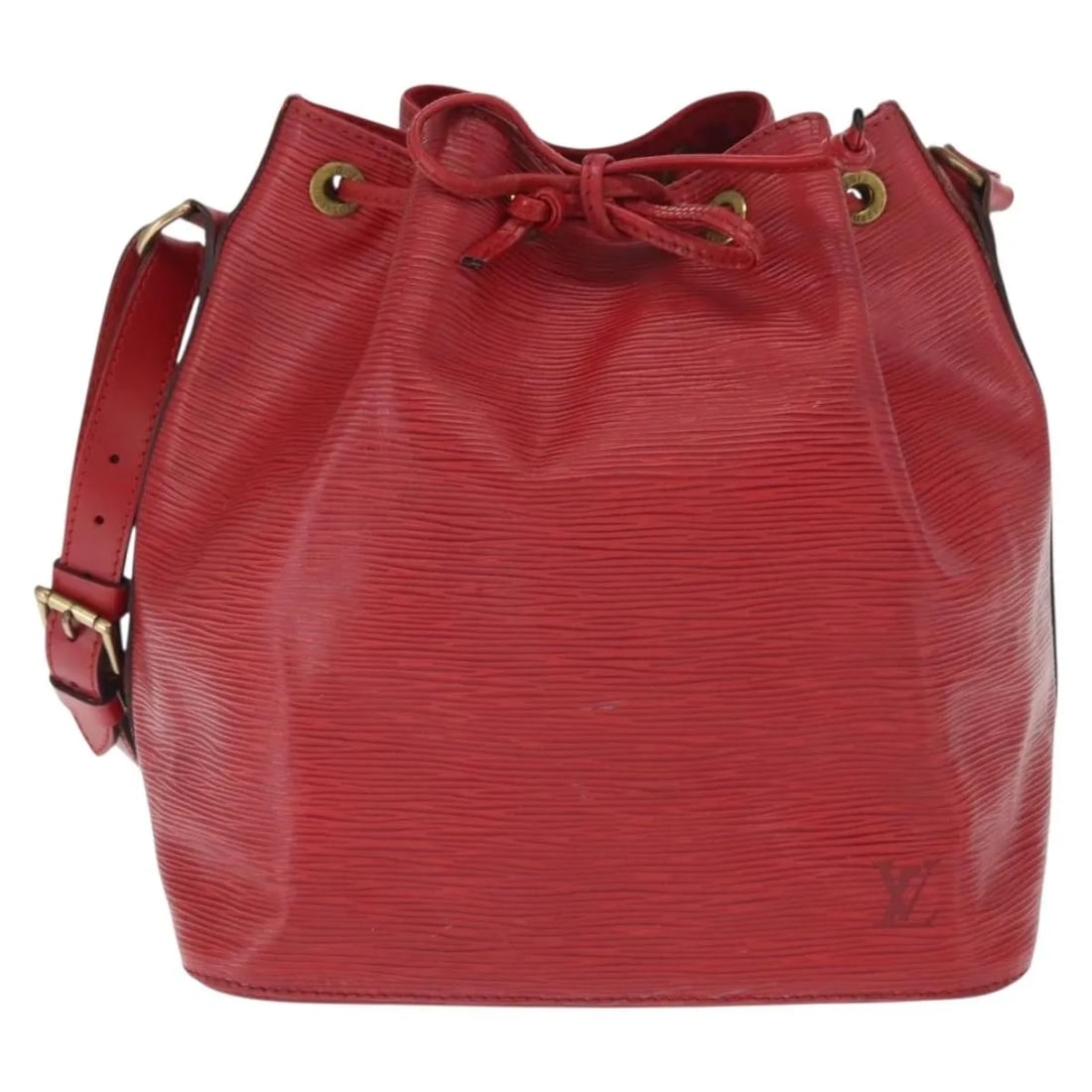 Louis Vuitton Petit Noe red Epi leather bucket bag: Louis Vuitton Petit Noe red Epi leather bucket bag A Louis Vuitton Petit Noe bag crafted in red leather. This vintage piece shows honest wear consistent with good condition, including light wear, mark