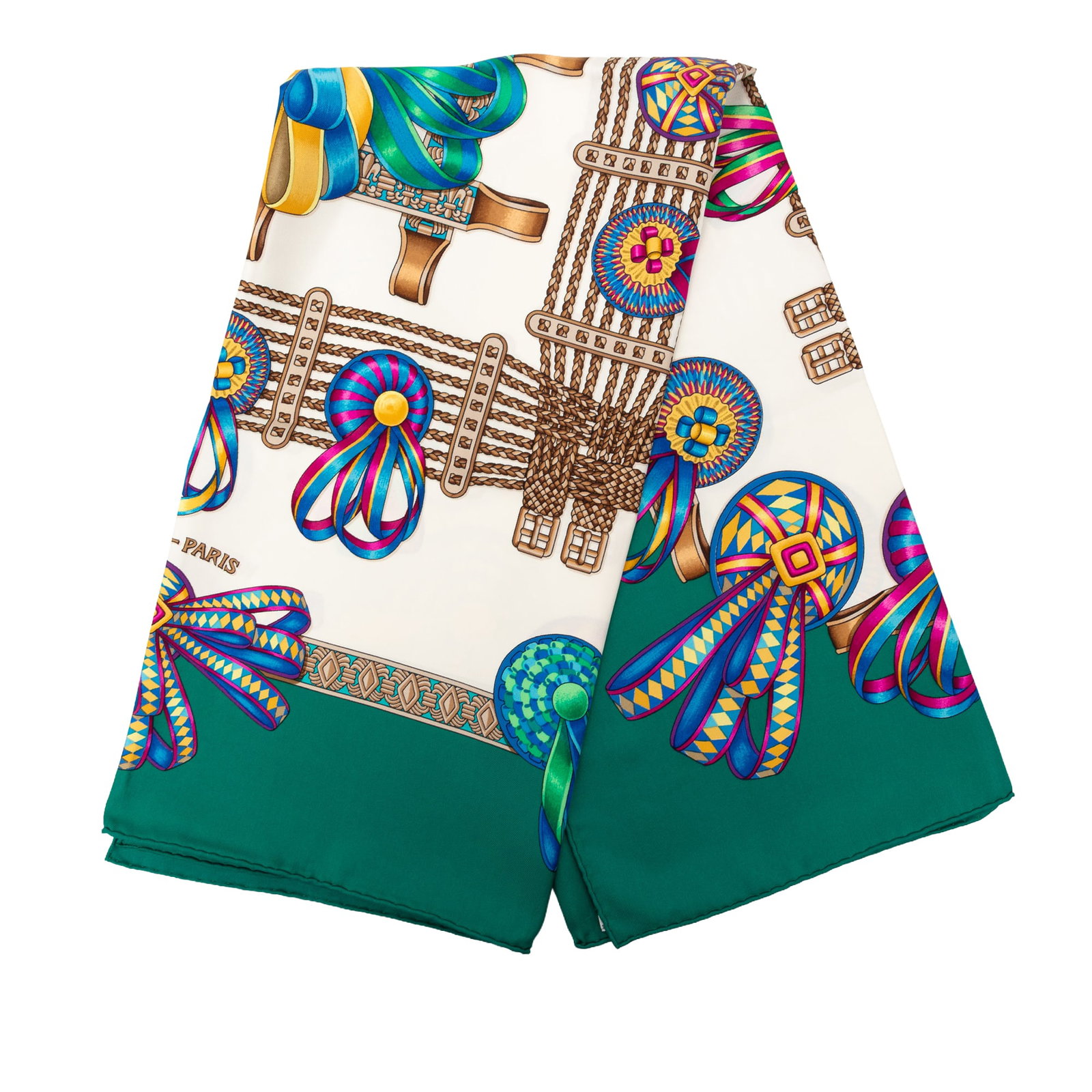 Hermes Les Rubans du Cheval 90 Silk Scarf White: Hermes Les Rubans du Cheval 90 Silk Scarf White Hermes Les Rubans du Cheval Silk Scarf 90, made in France, in white. This accessory is described as a 100% print on silk scarf and is in condition A. Sp