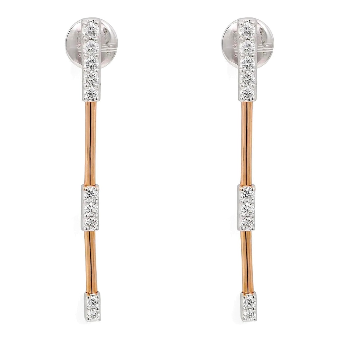 Diamond Dangle Earrings in 18K Rose and White Gold by Salvini: Diamond Dangle Earrings in 18K Rose and White Gold by Salvini These Salvini Nastro S long drop earrings are expertly crafted in 18k rose and white gold, featuring a sophisticated dangle design. Each e