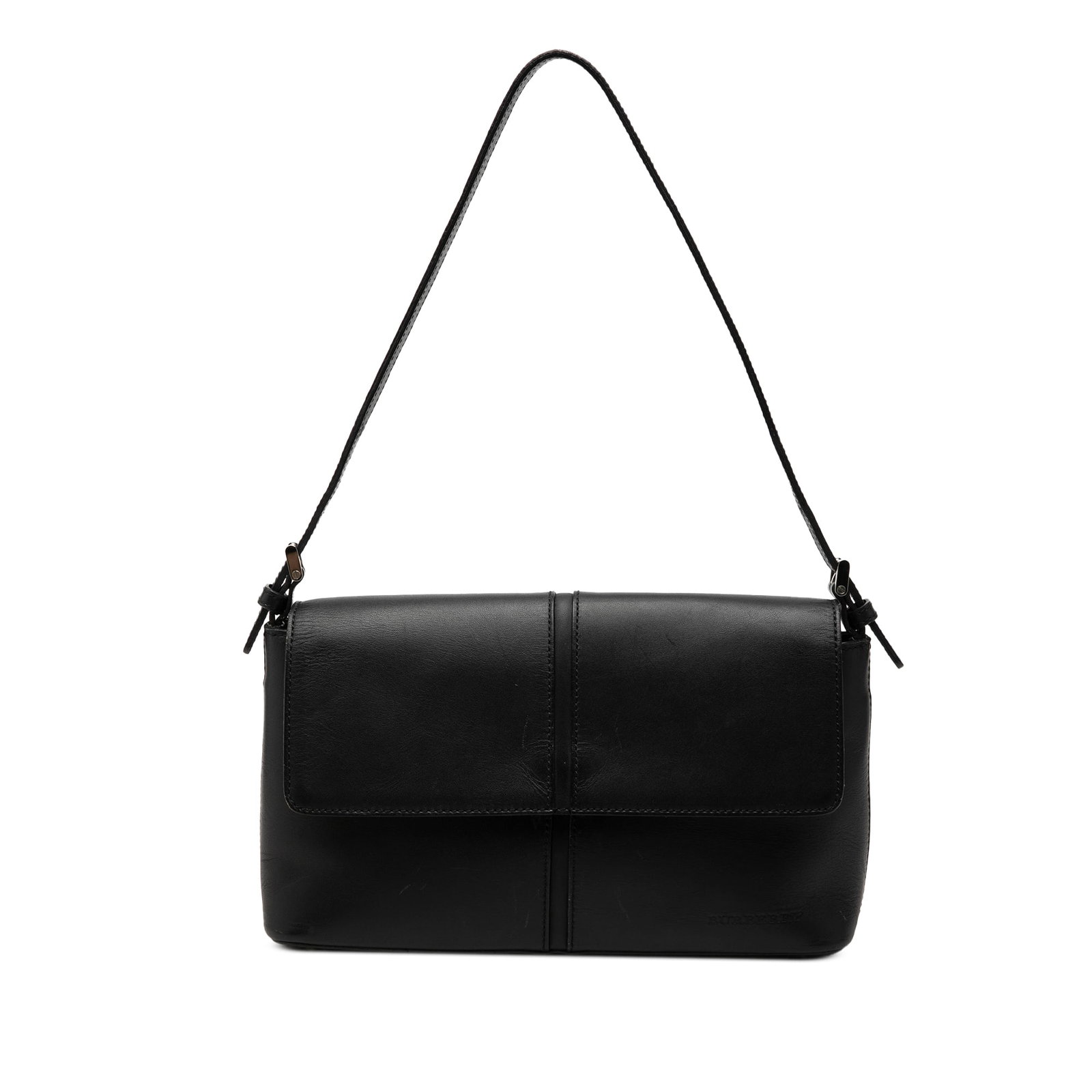 Burberry black leather shoulder bag with flap closure: Burberry black leather shoulder bag with flap closure Burberry leather flap shoulder bag in black with a structured flap-front design and magnetic snap closure. The interior includes zip and slip pock