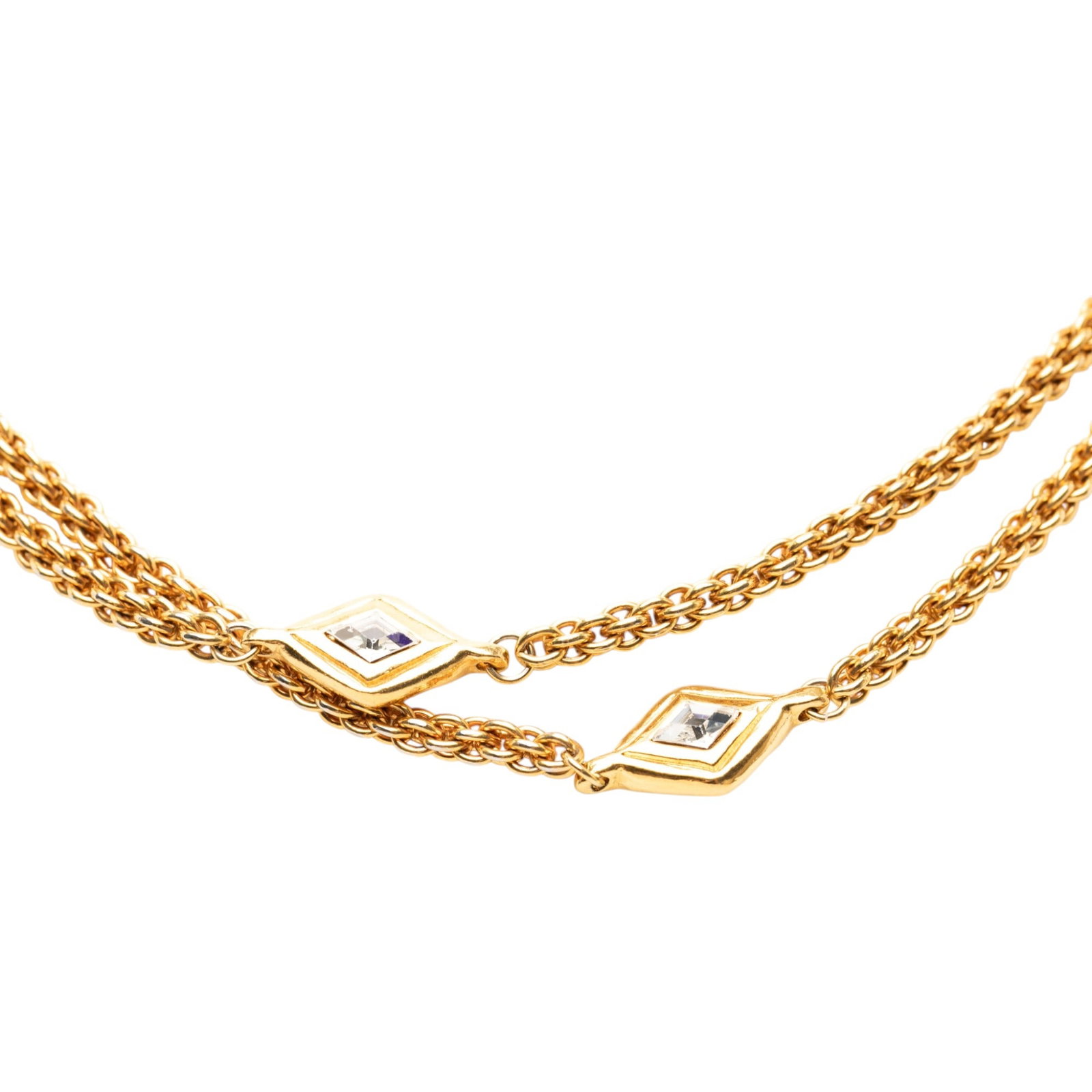 Chanel Long Station Chain Necklace Gold Tone Metal Crystal Strass: Chanel Long Station Chain Necklace Gold Tone Metal Crystal Strass Gold-tone Chanel costume necklace with crystal embellishments and a spring ring closure. Made in France, this long station chain neckl