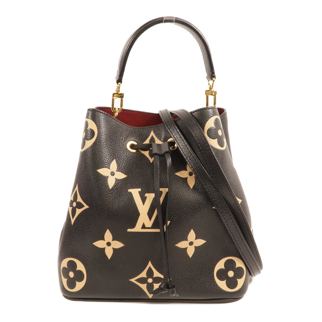 Louis Vuitton M45497 Neo Noe MM Monogram Empreinte Shoulder Bag: Louis Vuitton M45497 Neo Noe MM Monogram Empreinte Shoulder Bag The Louis Vuitton Neo Noe MM is a 2-way shoulder bag in Monogram Empreinte bicolor, presented in black and beige with black accents. It 