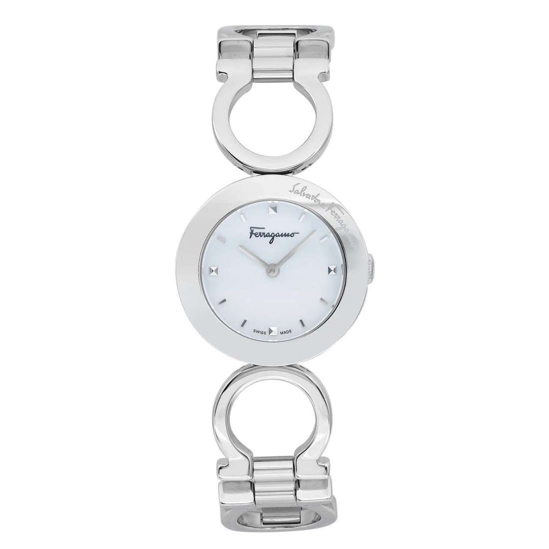 Ferragamo Gancino 28MM Ladies Quartz Watch Gray Stainless Steel: Ferragamo Gancino 28MM Ladies Quartz Watch Gray Stainless Steel This exquisite Salvatore Ferragamo Gancino 28MM Ladies Quartz Watch combines elegance and functionality. The watch features a pristine w