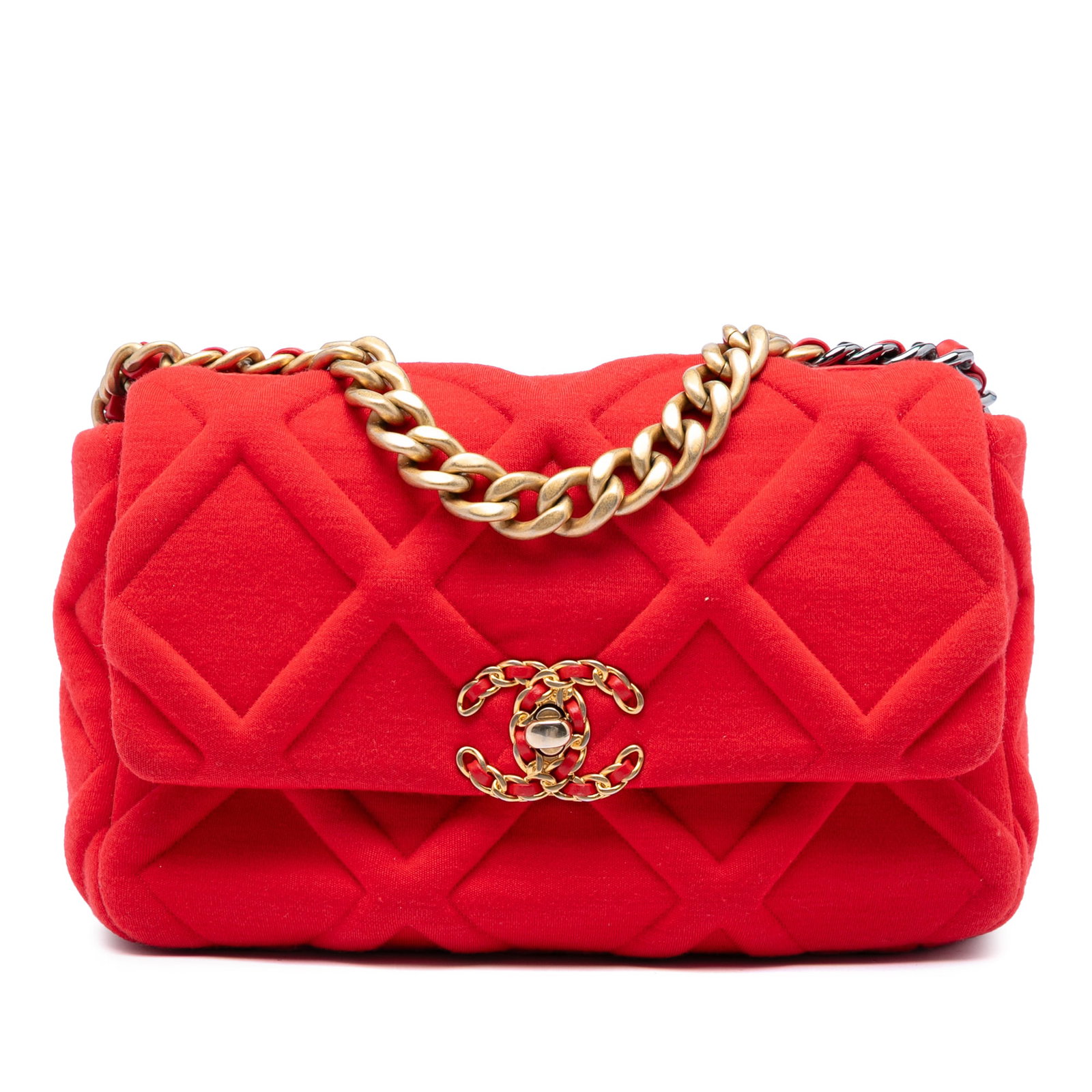 Chanel 19 Flap Medium Red Jersey Shoulder Bag: Chanel 19 Flap Medium Red Jersey Shoulder Bag Chanel Medium Jersey 19 Flap bag in red fabric with a jersey body. It features a gold-tone chain handle, a leather-woven chain shoulder strap, a front fla