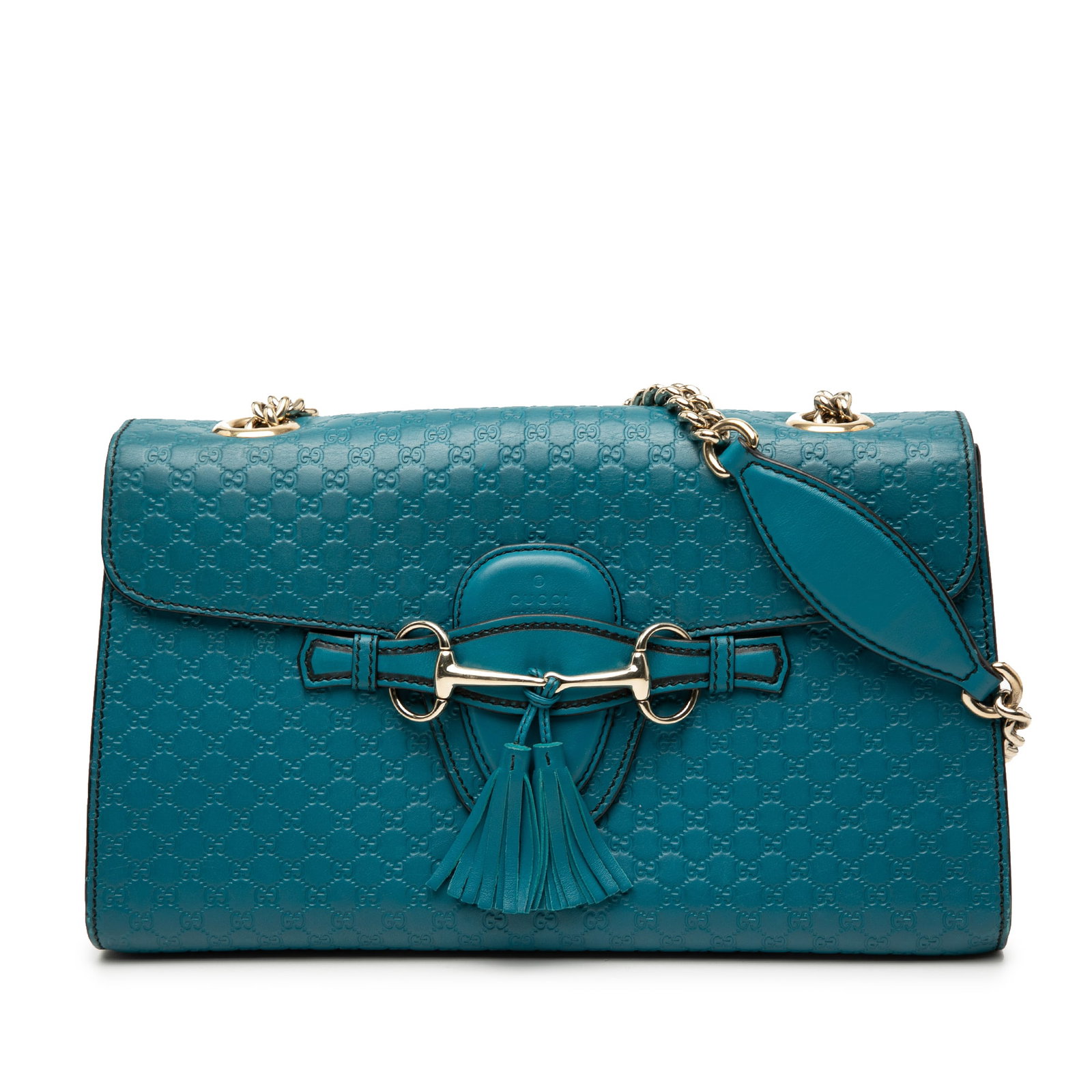 Gucci Emily blue embossed leather shoulder bag: Gucci Emily blue embossed leather shoulder bag This Gucci Medium Microguccissima Emily Shoulder Bag is crafted from embossed blue leather and features a curb chain strap with a leather guard, a front 