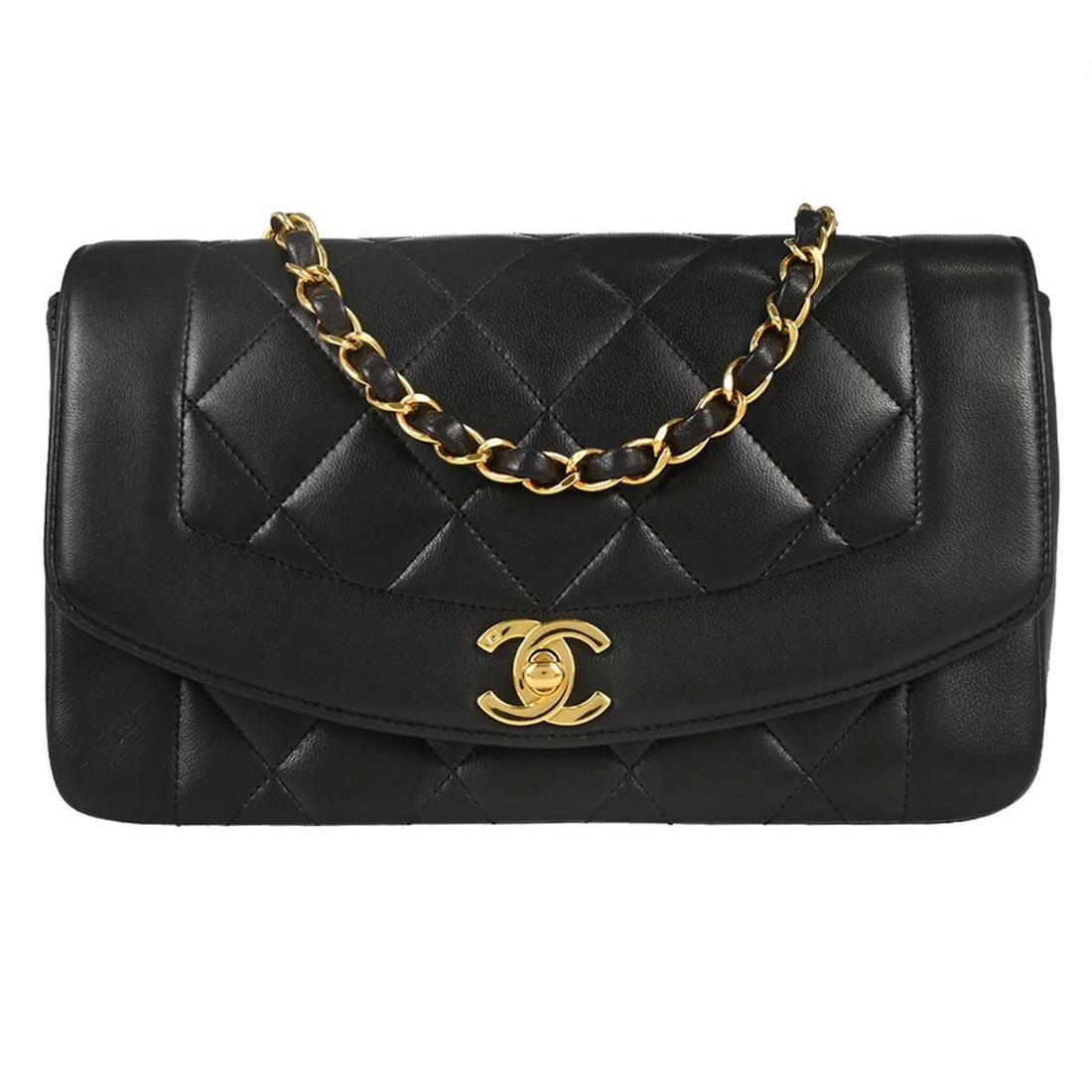 CHANEL Diana Small Black Lambskin Shoulder Bag: CHANEL Diana Small Black Lambskin Shoulder Bag Chanel Small Diana shoulder bag in black lambskin with a canvas lining and shoulder strap. This women's bag features interior pockets and is made in Fran