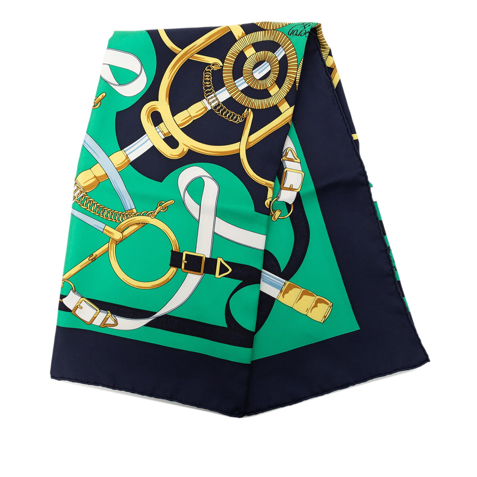 Hermes Eperon d Or 90 Silk Scarf Green: Hermes Eperon d Or 90 Silk Scarf Green Hermes Eperon d'Or Silk Scarf 90 featuring the Eperon d'Or print on 100% silk. It is a green accessory made in France. Condition is AB, with exterior back and fr